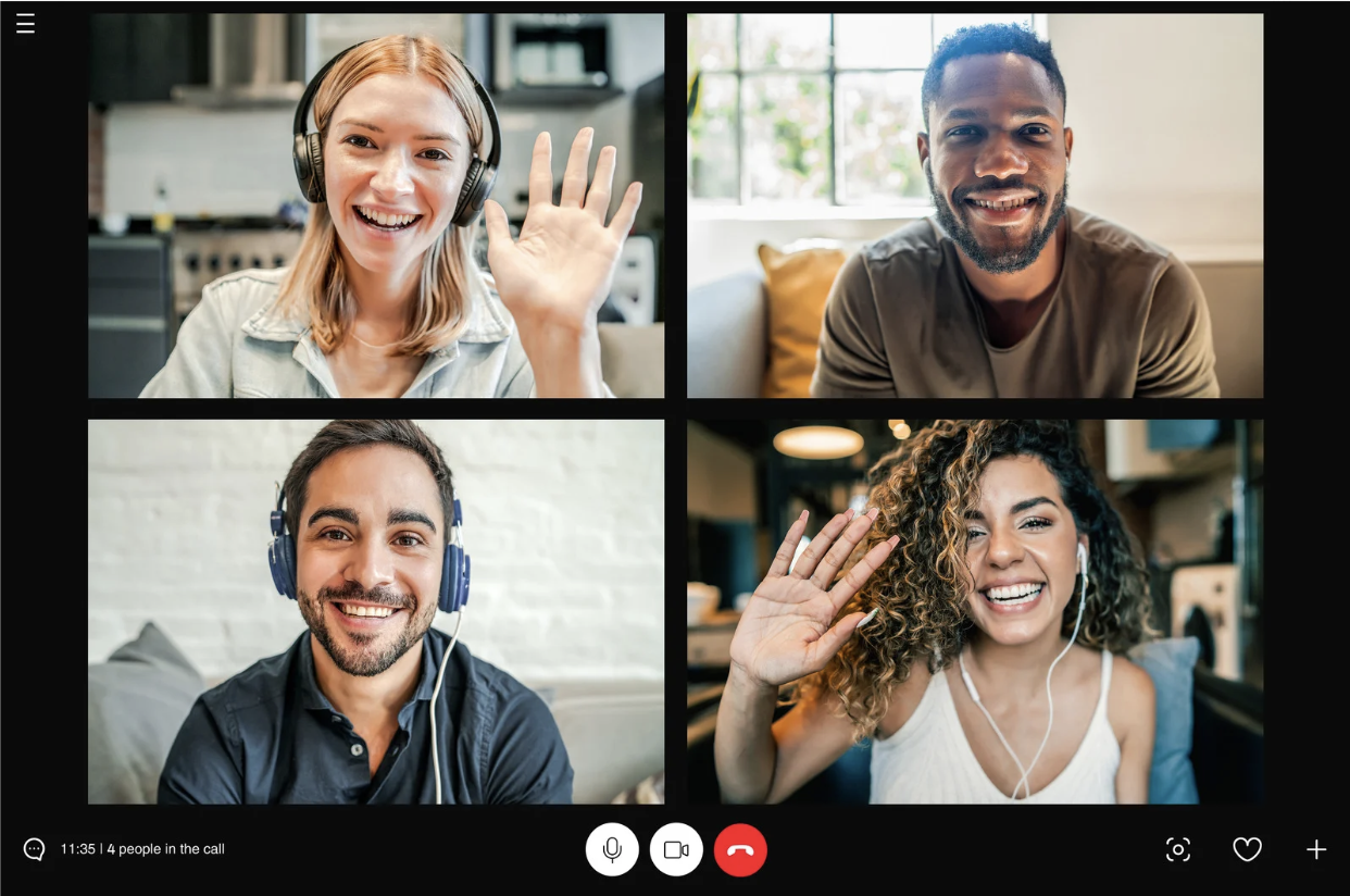 Refugees on video calls greeting each other in a joyful way.