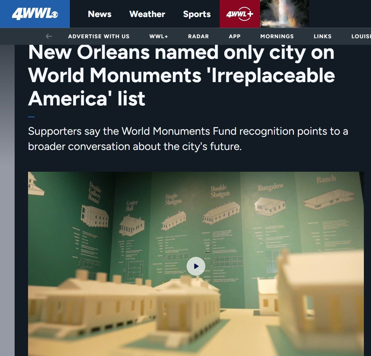 The lead in to the July 10 2026 story on WWL Channel 4 New Orleans on New Orleans being named to the Irreplaceable America List from the World Monuments Fund