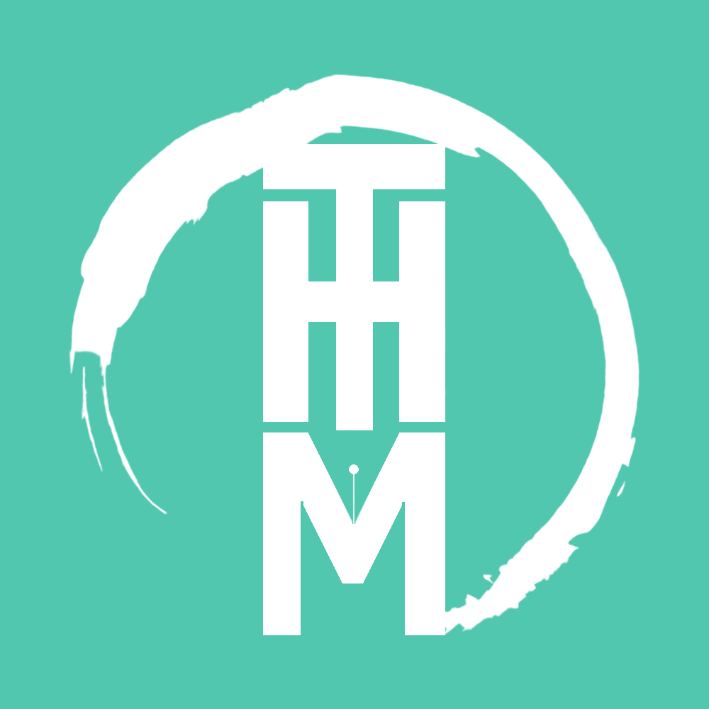 Logo with the letters, 'T', 'H', and 'M' arranged vertically with a teal background and a white circular brushstroke surrounding the text.