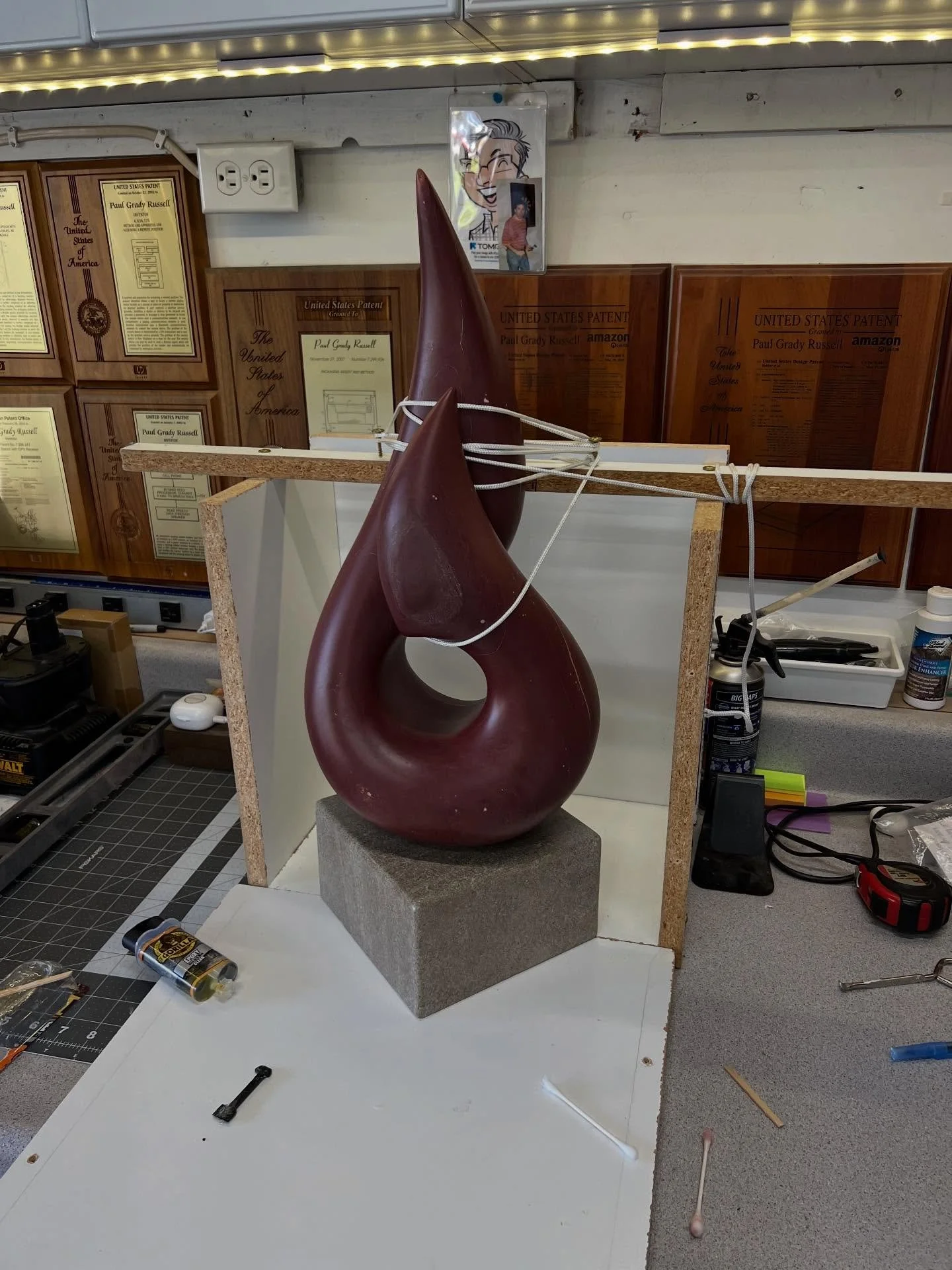 Mounting with steel pin and epoxy done. Being held in place to allow the epoxy to set.