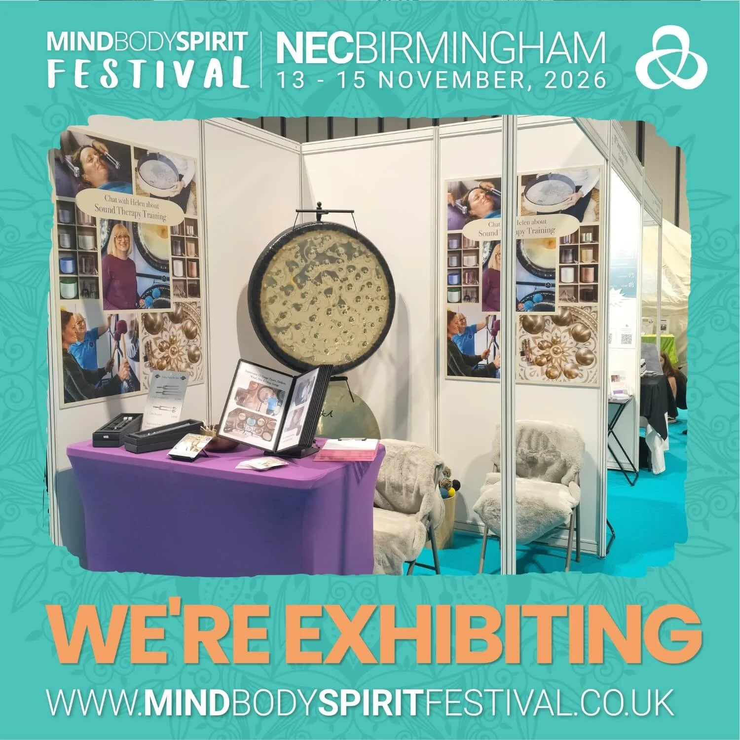 Helen Campbell, founder of the Academy of Sound Therapy, exhibiting professional CMA-accredited sound healing instruments and singing bowls at the Mind Body Spirit Festival stand B10