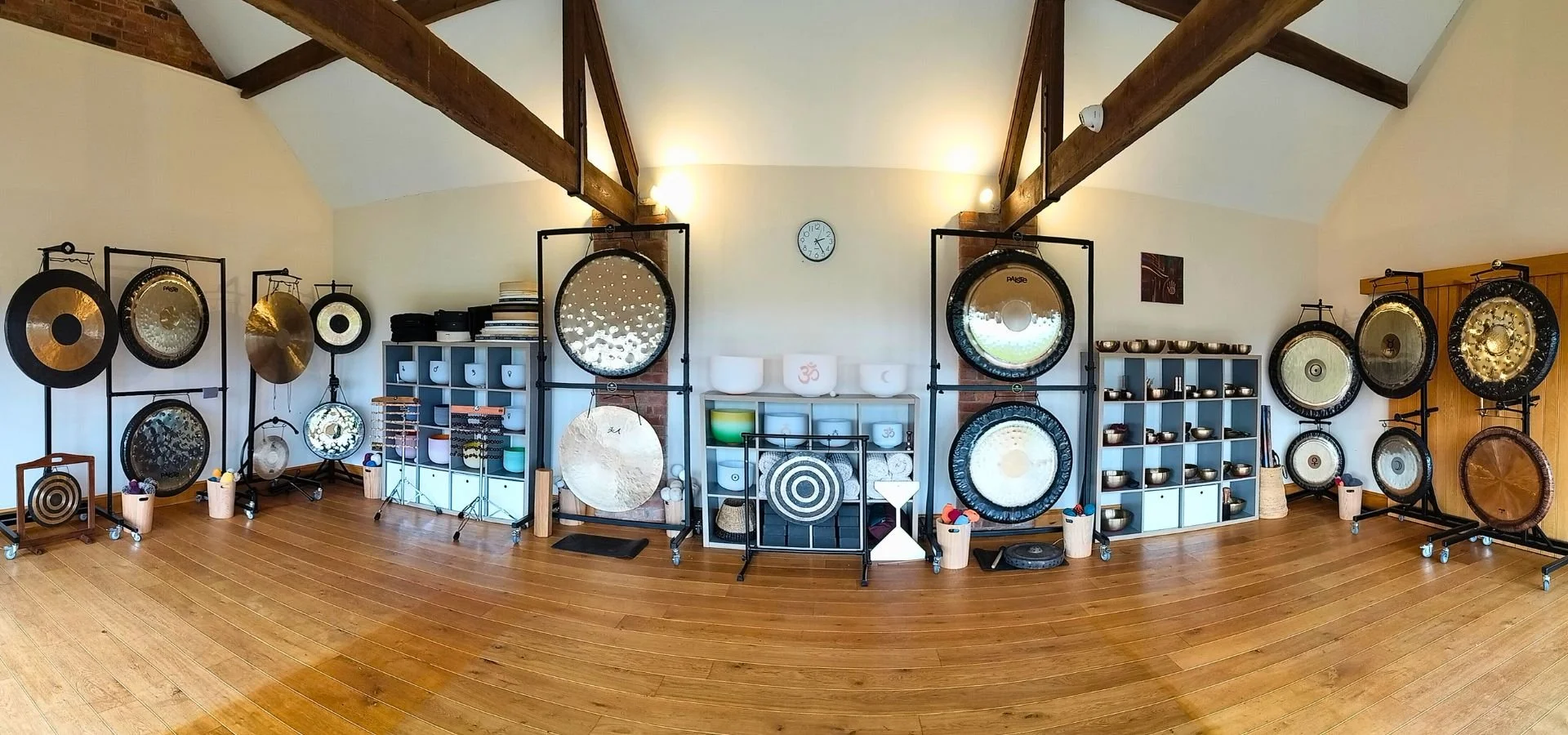 Main teaching space showing 20 gongs, various Himalayan singing bowls, crystal singing bowls and shamanic and percussion instruments