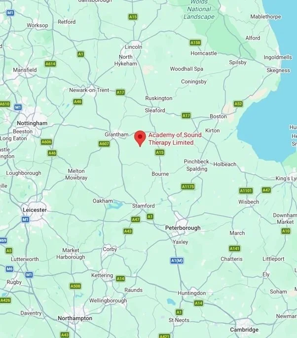 The Academy of Sound Therapy is located in the countryside village of Ingoldsby, near Grantham, Lincolnshire, UK. We are in the East Midlands, commutable from Lincoln, Nottingham, Leicester, Peterborough, Northampton and Newark.