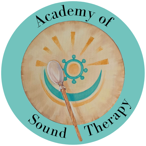 Logo of Academy of Sound Therapy. The logo is circular with a turquoise border and the words Academy of Sound Therapy written in this outer border. Inside the logo is an image of a handheld drum with a design on it that represents harmony.