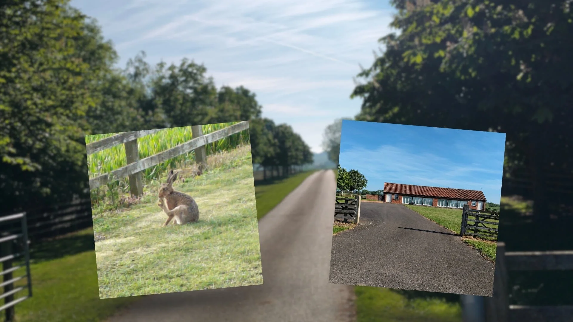 The peaceful country driveway approach at the Academy of Sound Therapy near Grantham, Lincolnshire, showcasing our quiet training retreat building surrounded by mature trees and local wildlife like a wild hare.