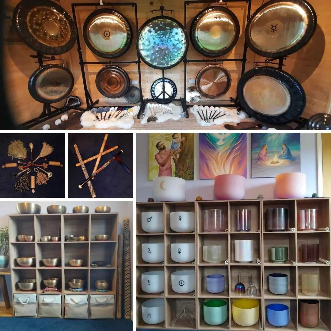 Instruments at Academy of Sound Therapy - gongs, Himalayan singing bowls, crystal singing bowls, Shamanic & percussion instruments