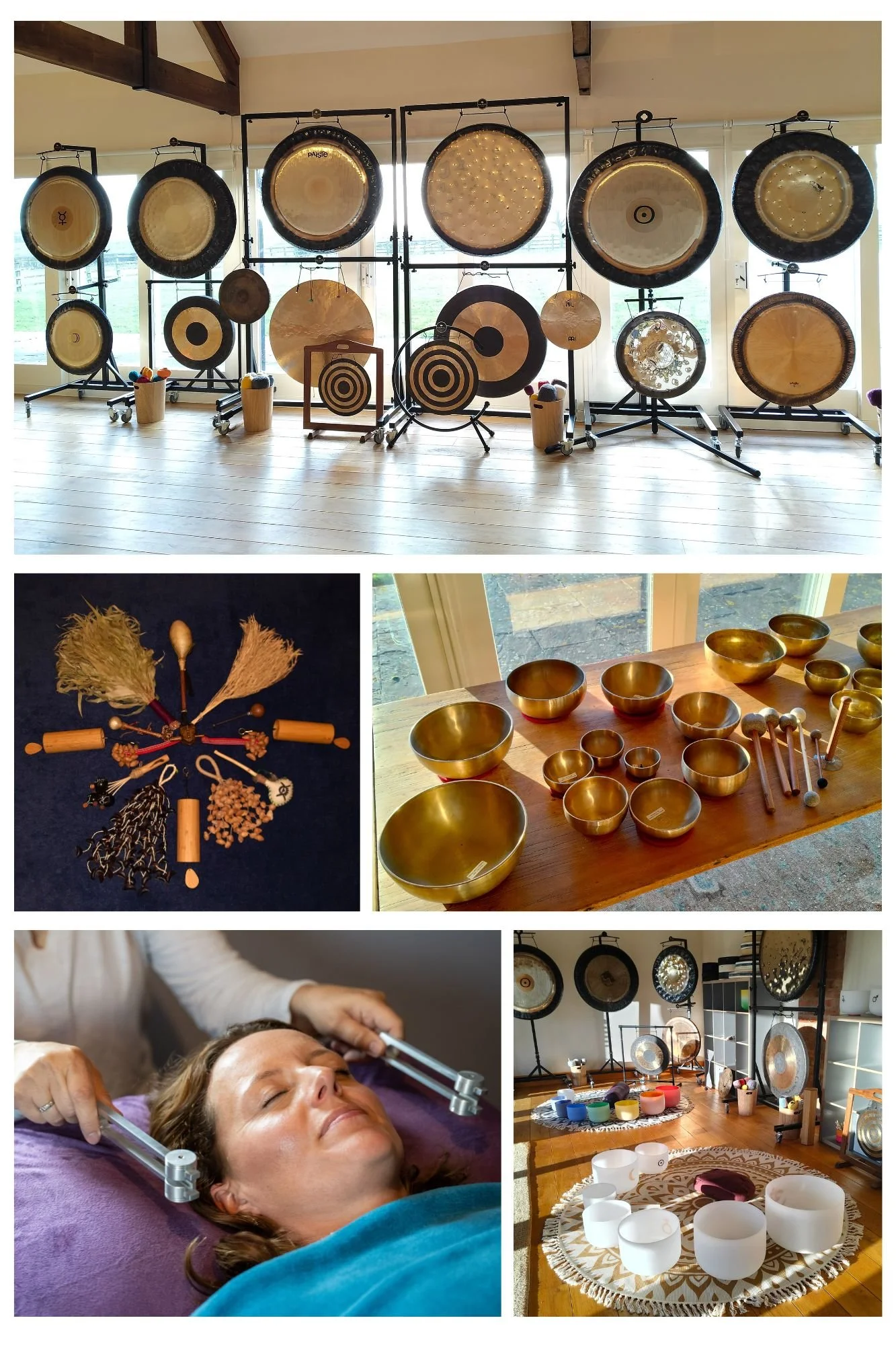 A college of 5 photos. The top photo shows 16 gongs. The middle 2 photos show percussion instruments and Himalayan singing bowls. The bottom 2 photos show tuning forks and crystal singing bowls.