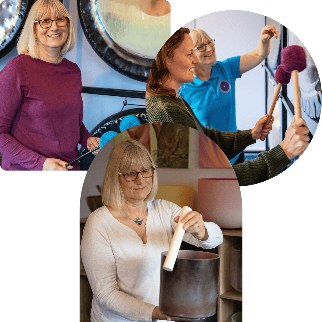 Helen stood in front of large gongs holding gong mallets in each hand, Helen instructing a female student who is playing a symphonic gong with mallets, and Helen holding a crystal singing bowl in a room with colorful artwork and musical instruments.