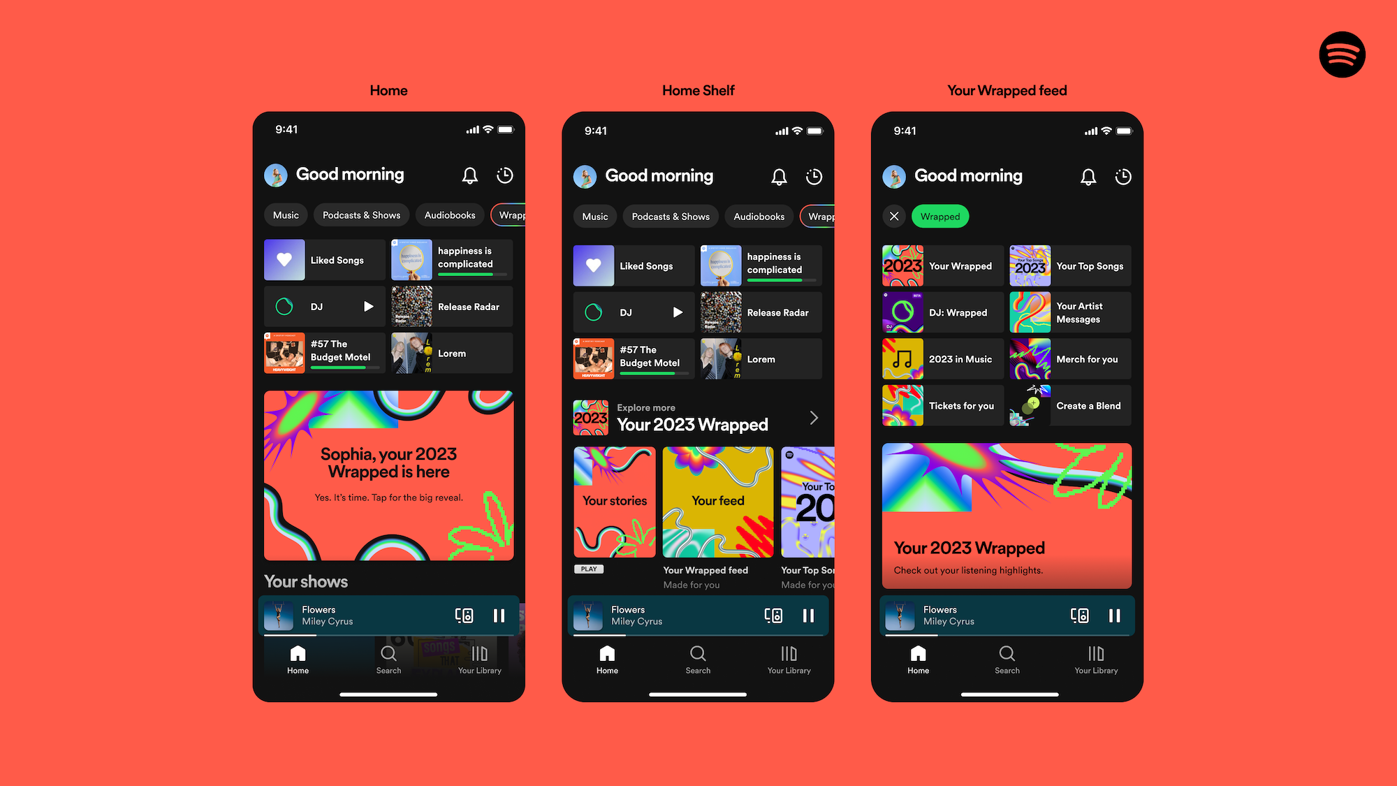 Screenshots of a Spotify mobile app interface showing the 'Good morning' playlist, a section called 'Your 2023 Wrapped,' and personalized music recommendations with colorful graphics and text.