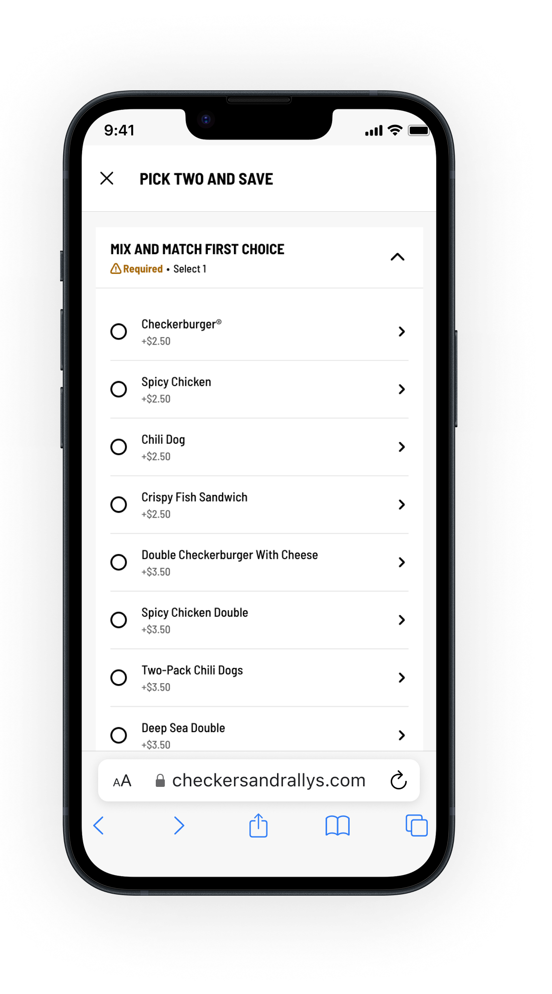 Mobile screen showing a food menu with options for burger and hot dog meals, including prices for each item.
