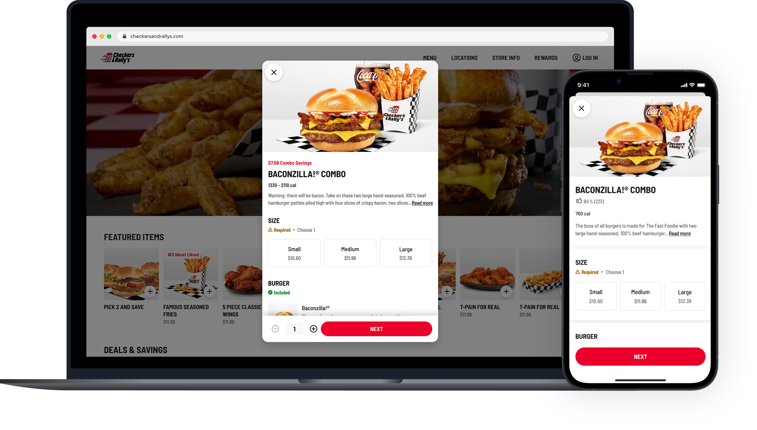 Screenshot of a food ordering website showing a combo meal including a cheeseburger, fries, and a Coca-Cola, with options for different sizes on a desktop and mobile device.