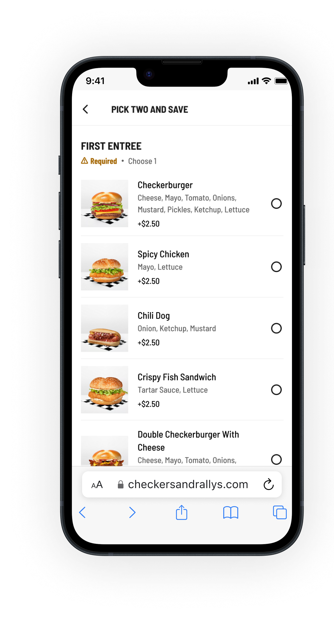 Mobile phone screen showing a food ordering app with a menu of sandwiches, including options like Checkerburger, Spicy Chicken, Chili Dog, Crispy Fish Sandwich, and Double Checkerburger with Cheese.