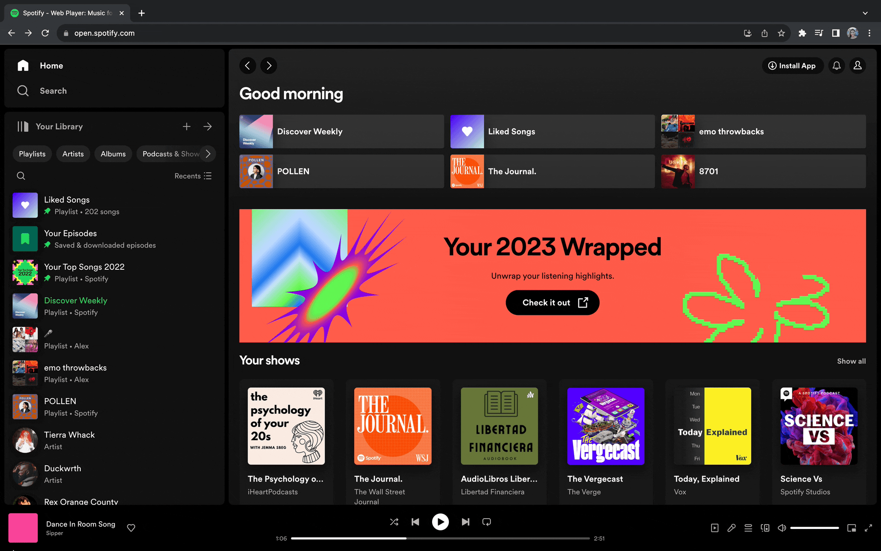 Spotify web player homepage with playlists, podcasts, and a banner showing 'Your 2023 Wrapped' with a colorful graphic and a butterfly outline.