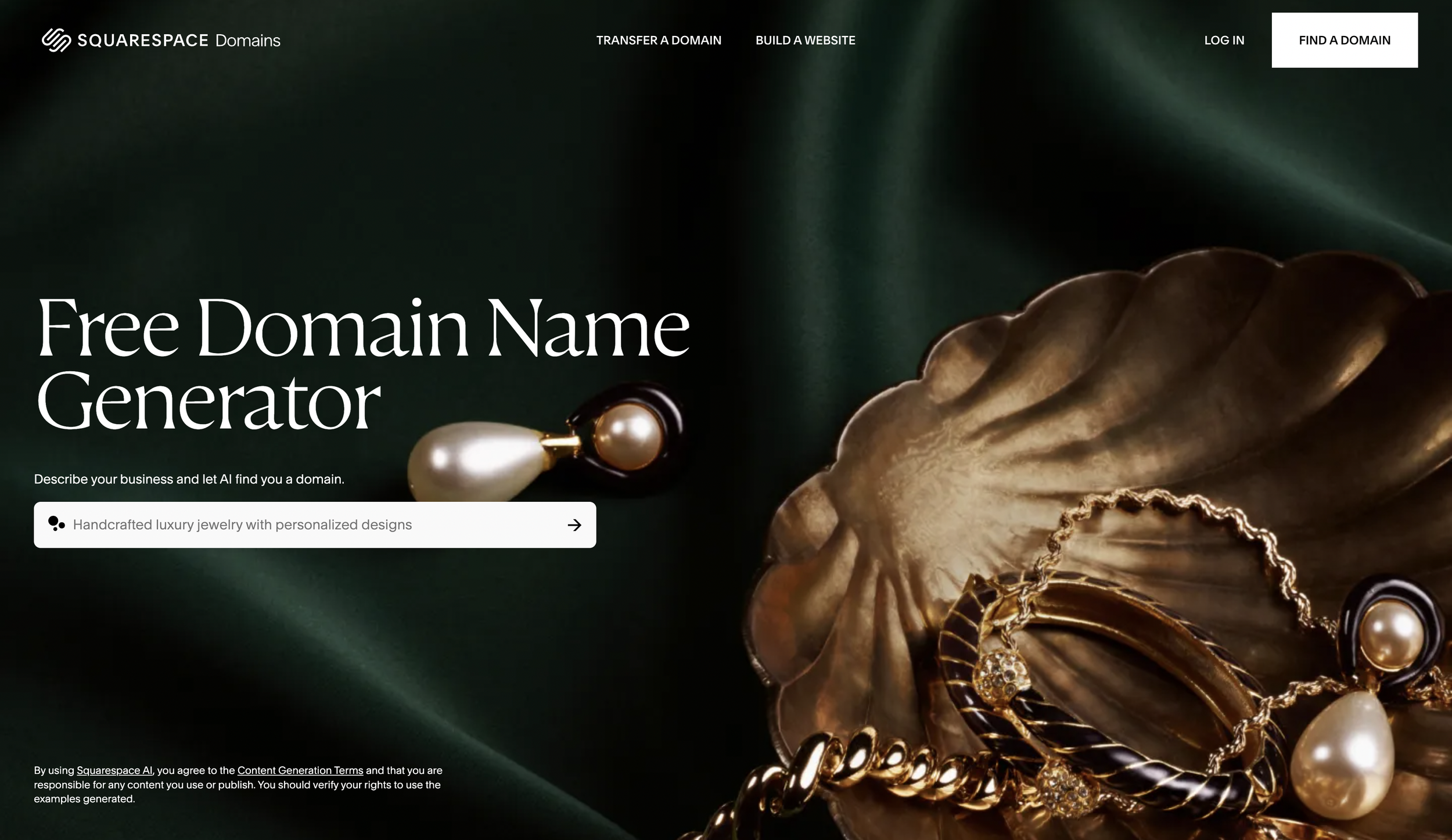 Screenshot of the Squarespace Domains website featuring a dark background with jewelry, including pearl earrings, rings, and a gold bracelet, and text advertising a free domain name generator.