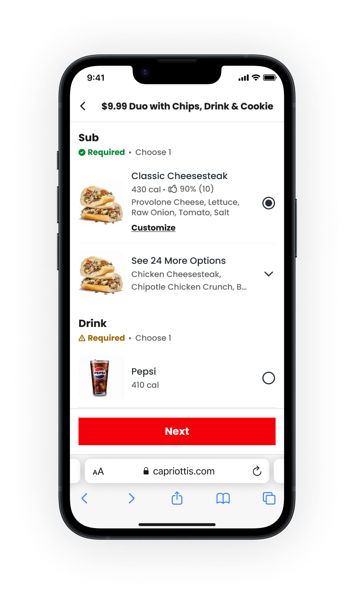 Mobile phone screen displaying an online order menu for a combo meal including options for a sandwich and a drink, with images of sandwiches and a soft drink.