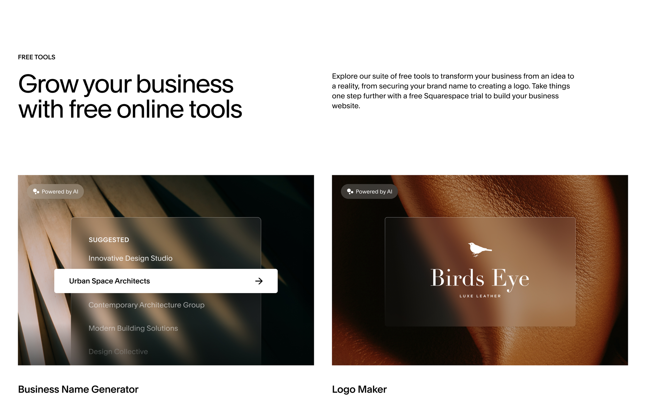 Website showcasing free online business tools, with sections on business name generator and logo maker, featuring sample logos and descriptions.