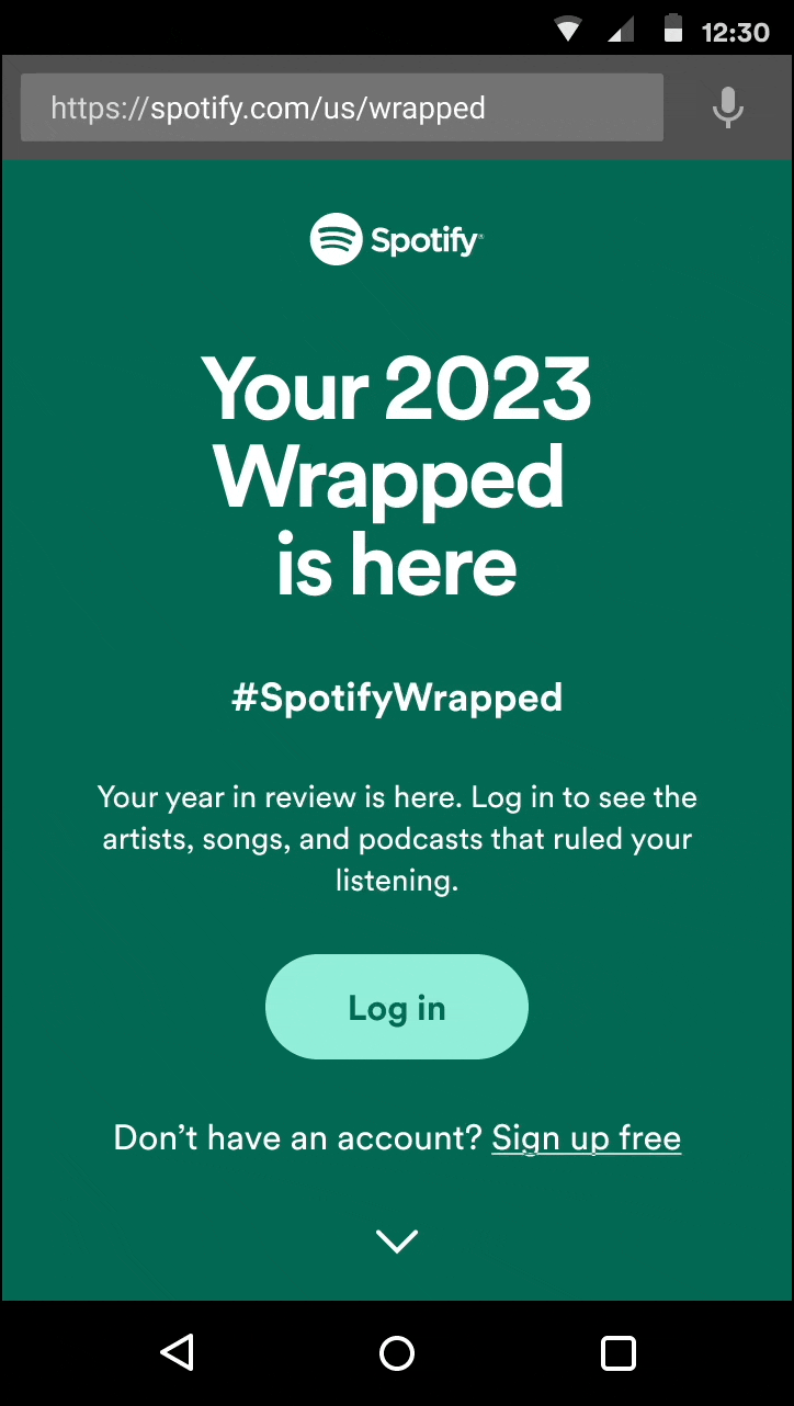 Screenshot of a mobile phone displaying a Spotify webpage titled 'Your 2023 Wrapped is here' with a green background and a toggle arrow at the bottom.