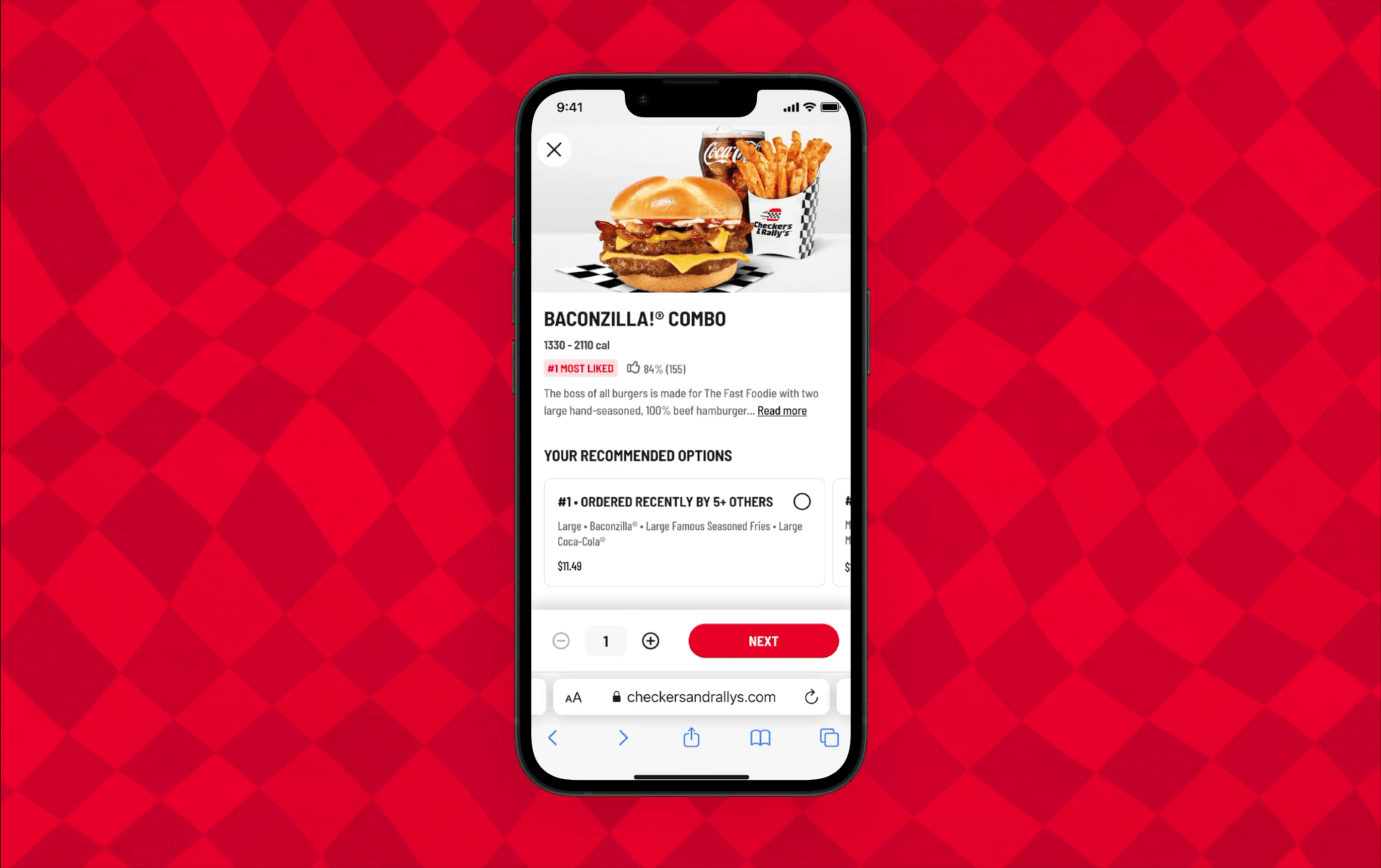 Smartphone displaying a food order for a burger combo with fries and a soda, against a red checkered background.