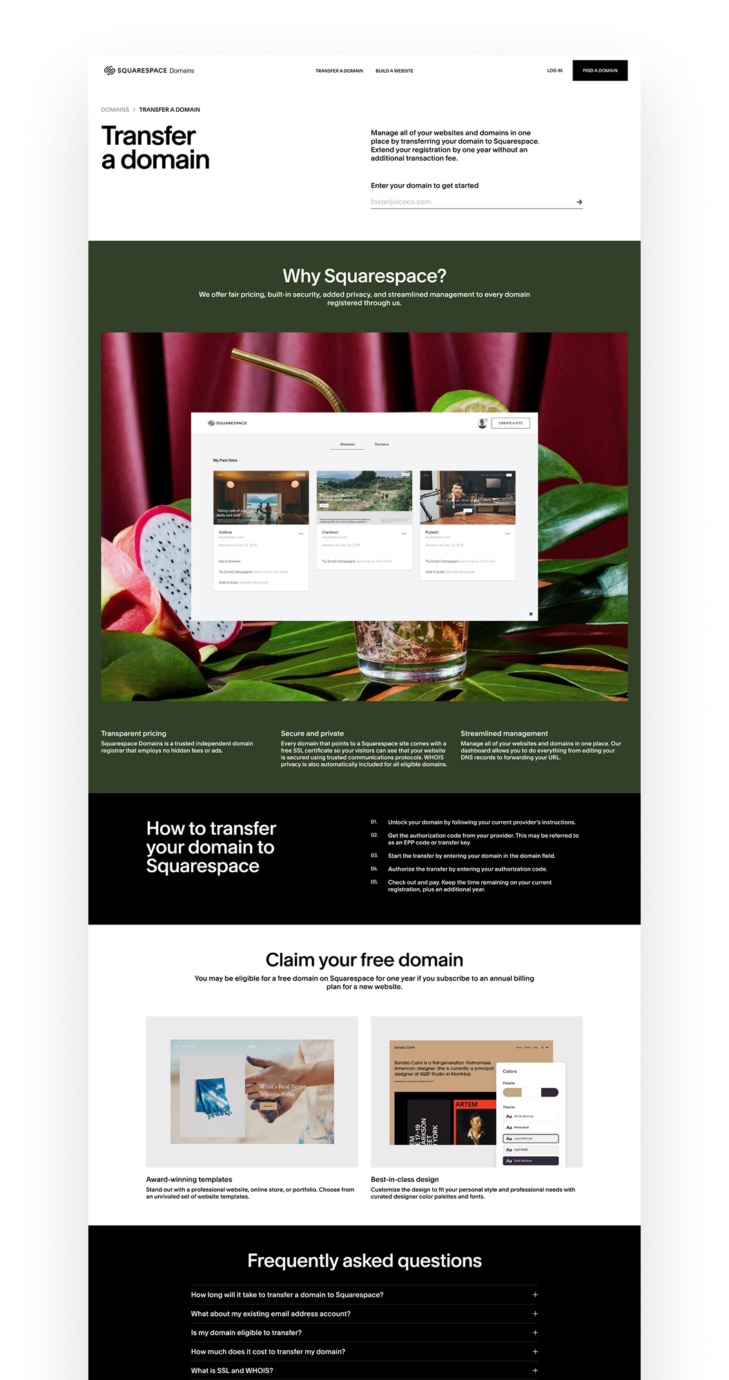 Screenshot of Squarespace domain transfer webpage showing instructions, benefits, and a section to claim a free domain.