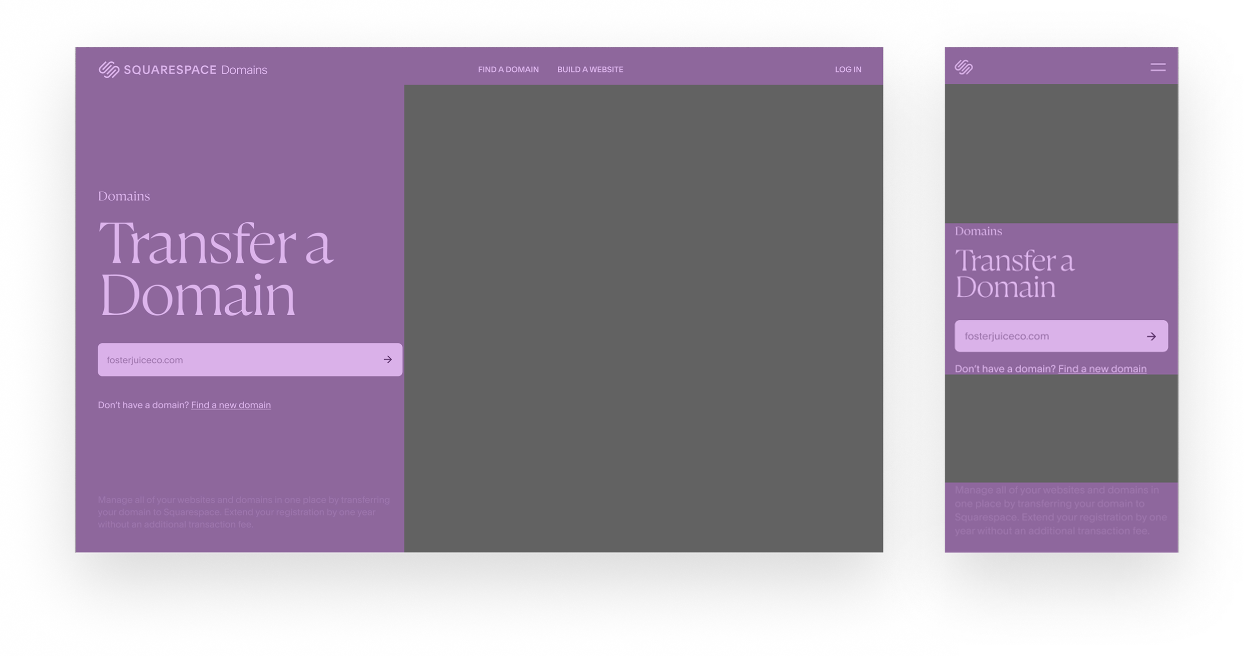 Screenshots of the Squarespace domain transfer webpage displayed on a tablet and a smartphone, with a purple background and white text.