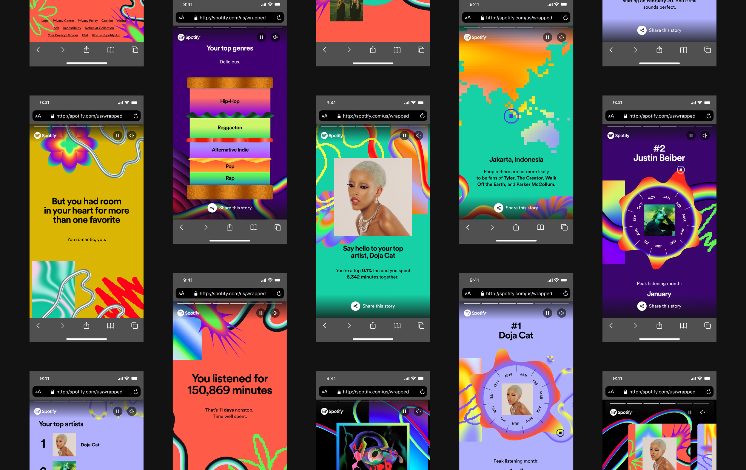 Screenshots of Spotify wrapped stories showcasing listening habits, favorite artists, top genres, and listening statistics with vibrant abstract backgrounds and colorful graphics.