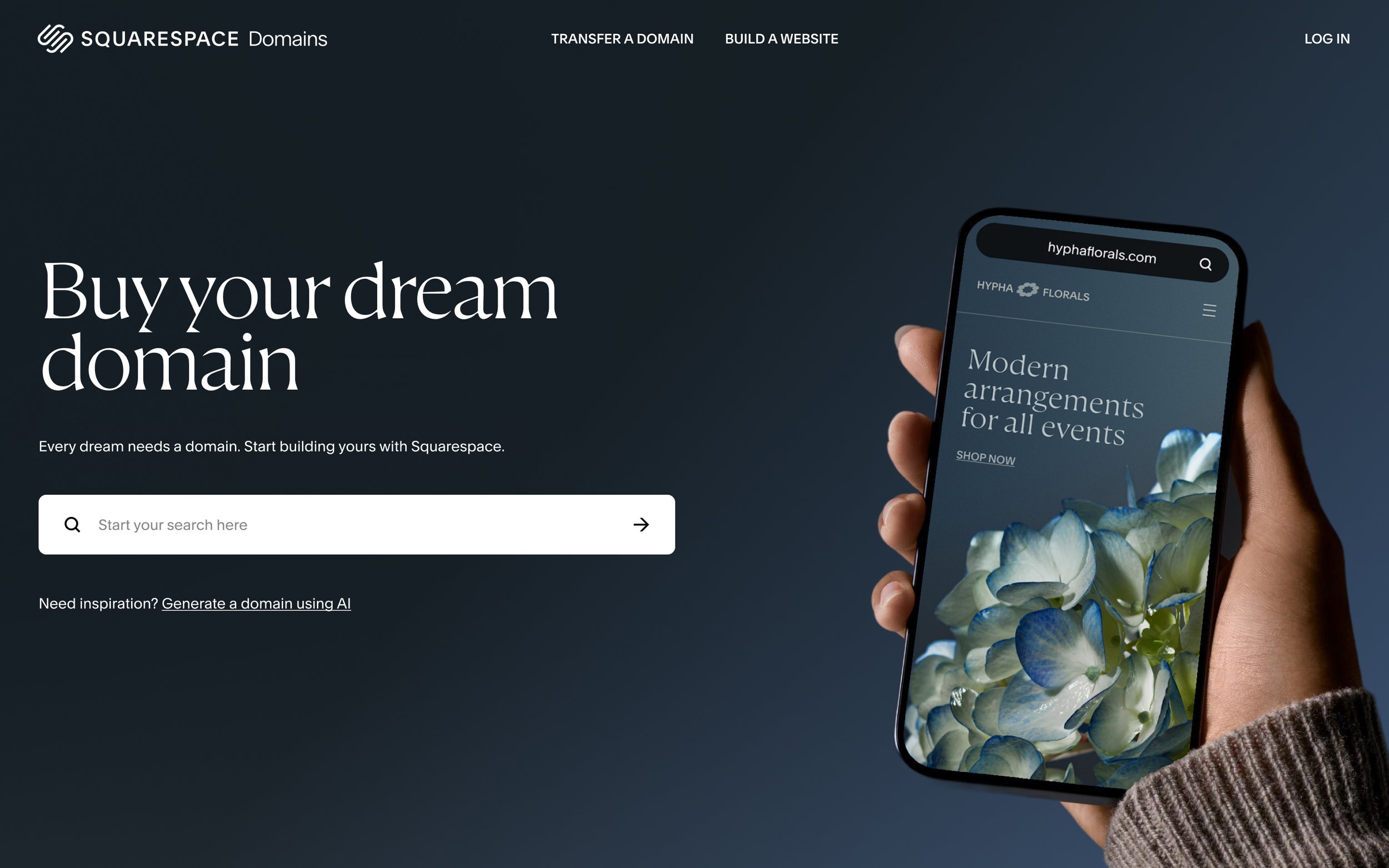 Screenshot of Squarespace homepage featuring a hand holding a smartphone displaying a floral website with the text 'Modern arrangements for all events'.