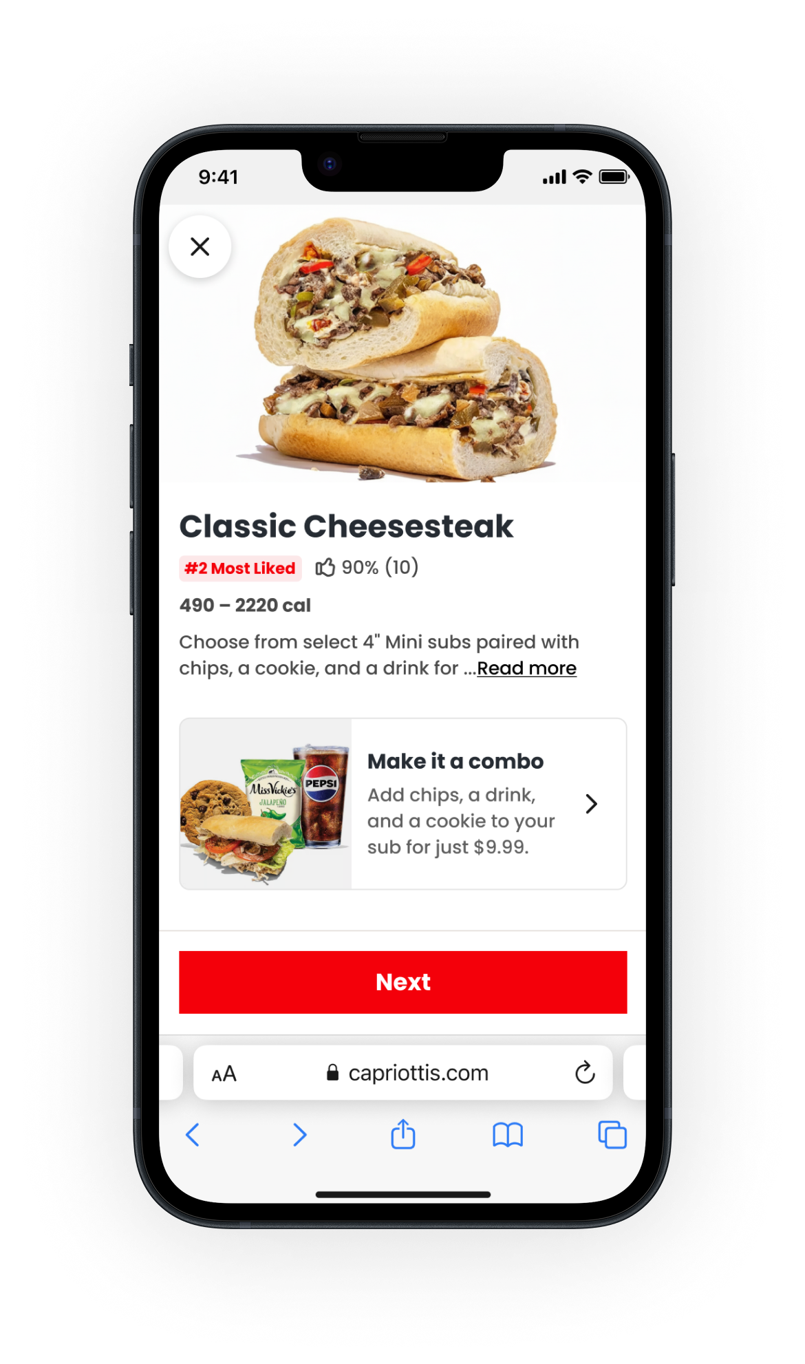 A smartphone screen displaying a food ordering app with an image of a cheesesteak sandwich, menu options, and a red 'Next' button at the bottom.