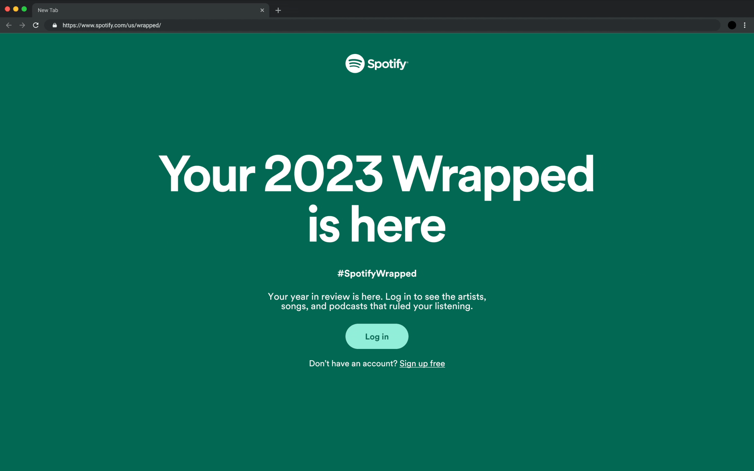 Screenshot of Spotify's website announcing the availability of a 2023 Wrapped review feature with a green background and white text.