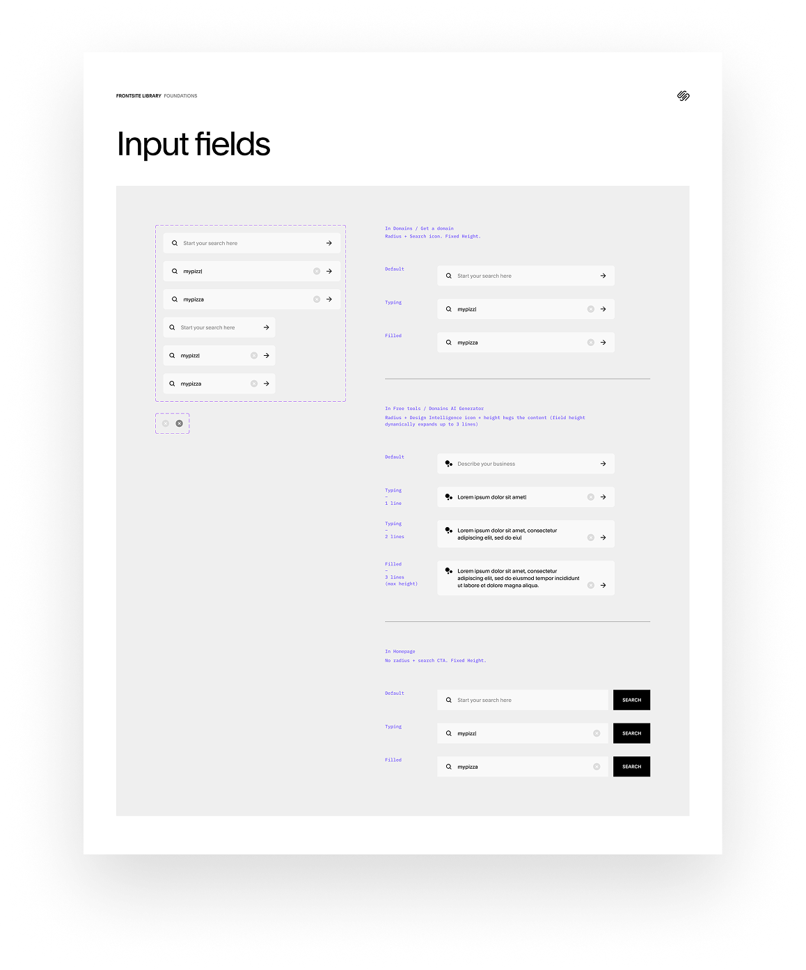 A webpage showing different styles of input fields with labels such as 'Default,' 'Typing,' and 'Filled,' demonstrating various UI designs for search and text input.