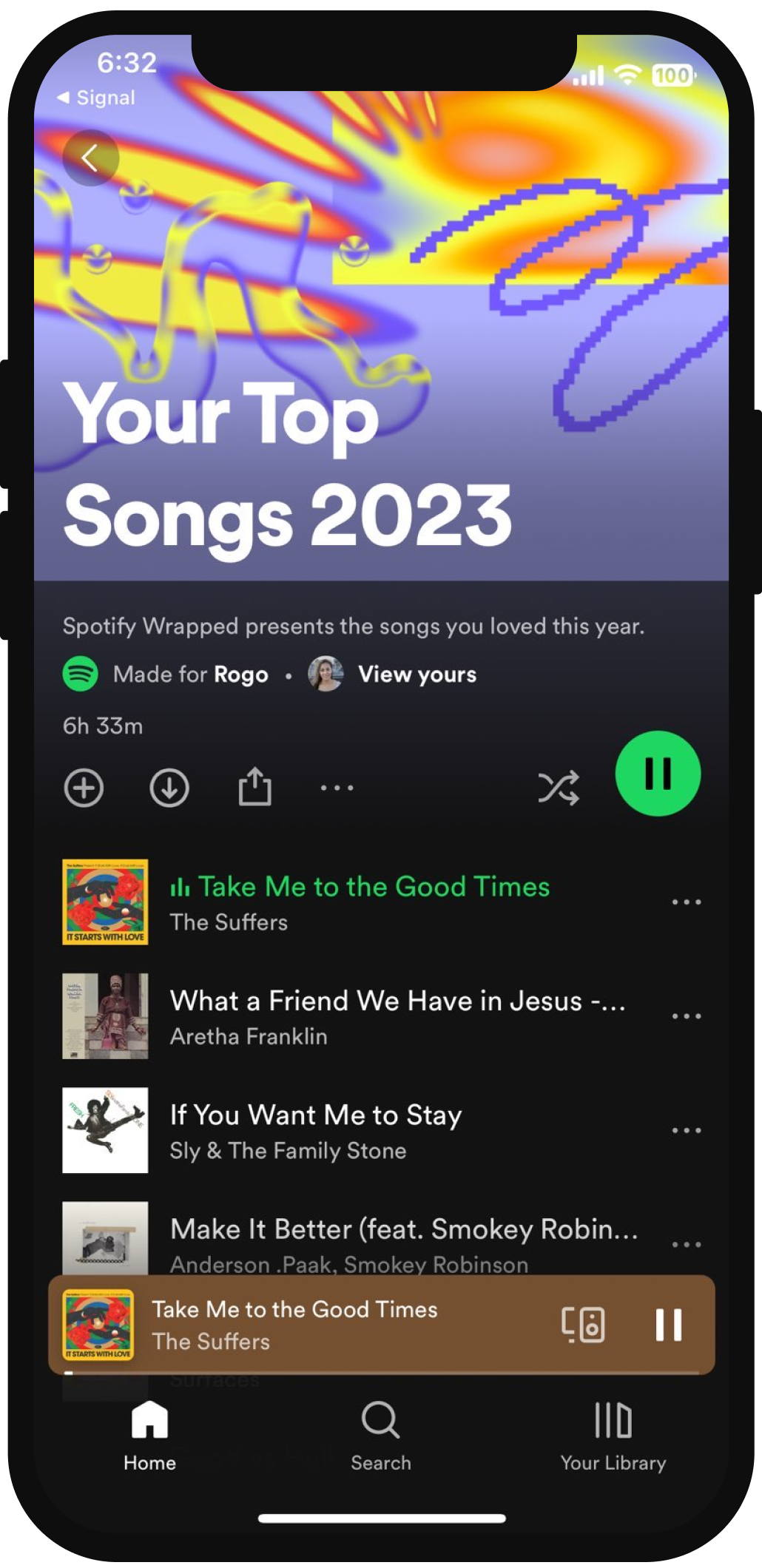 Screenshot of a music playlist titled 'Your Top Songs 2023' on Spotify, featuring a colorful abstract background with swirling patterns, displaying the song 'Take Me to the Good Times' by The Suffers, with other song titles and album art visible below.