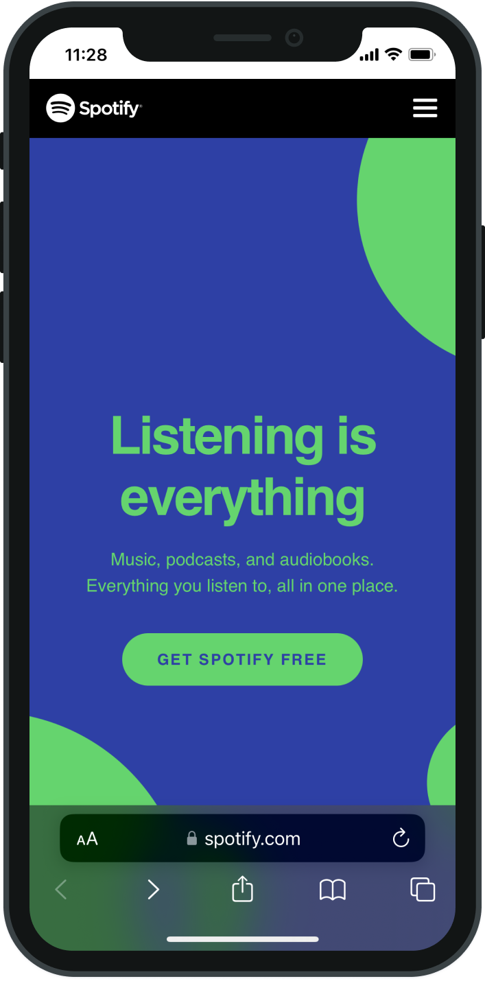 Spotify app screen promoting music, podcasts, and audiobooks with the message 'Listening is everything' and a button to get Spotify free.