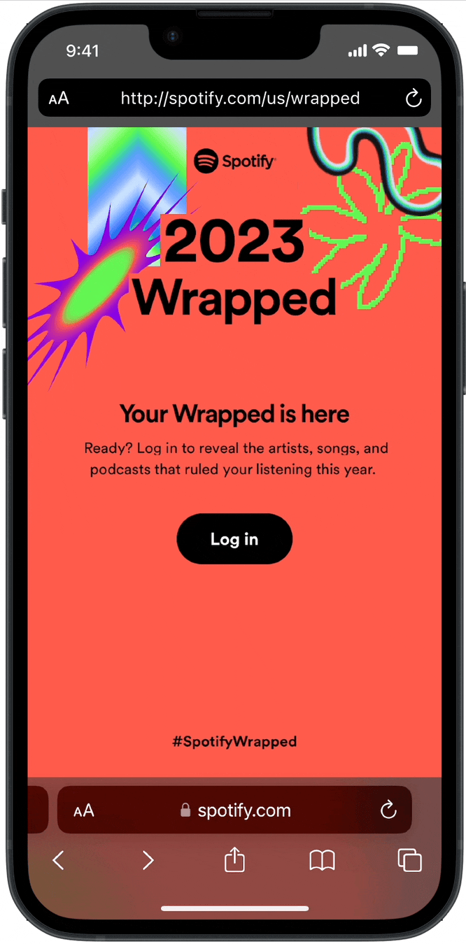 A Spotify Wrapped webpage on a smartphone screen, with a red background, colorful abstract graphics, the Spotify logo, and a black 'Log in' button.
