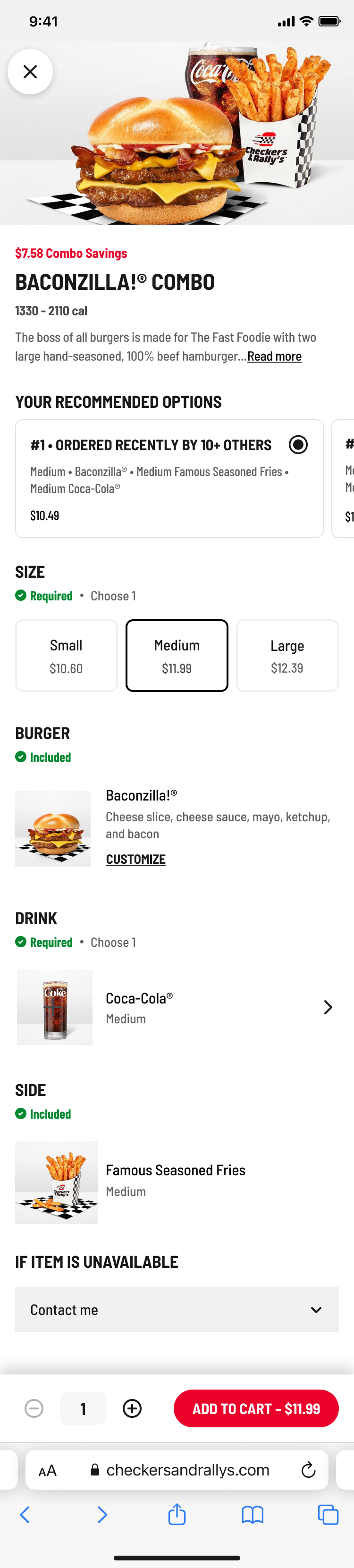 A fast food combo meal includes a cheeseburger with cheese, sauce, mayo, ketchup, and bacon, a side of seasoned fries, and a medium Coca-Cola.