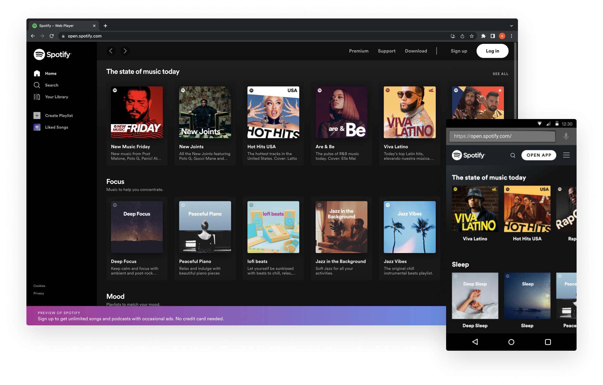 Screenshots of the Spotify music app interface on a computer and a mobile device, showing various music playlists and categories.