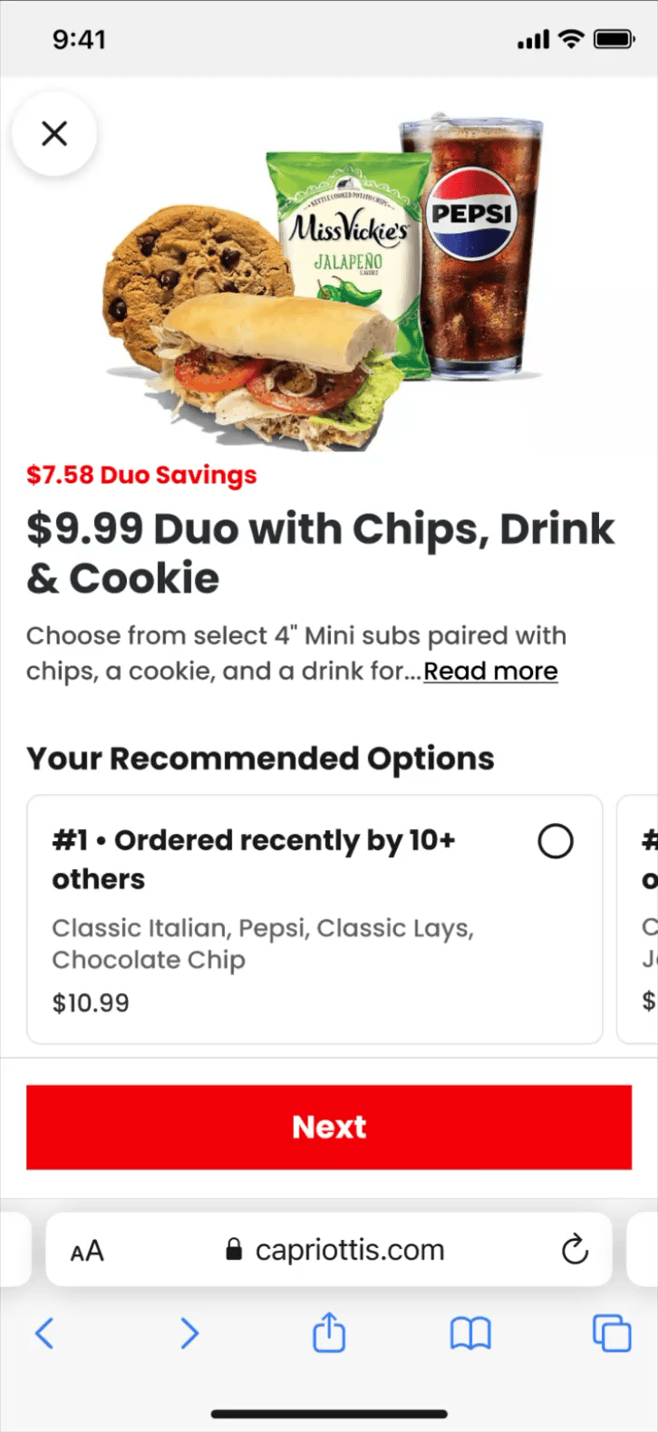 Screenshot of a food promotional offer showing a sandwich with a cookie, potato chips, a cookie in a bag, and a glass of Pepsi with ice.