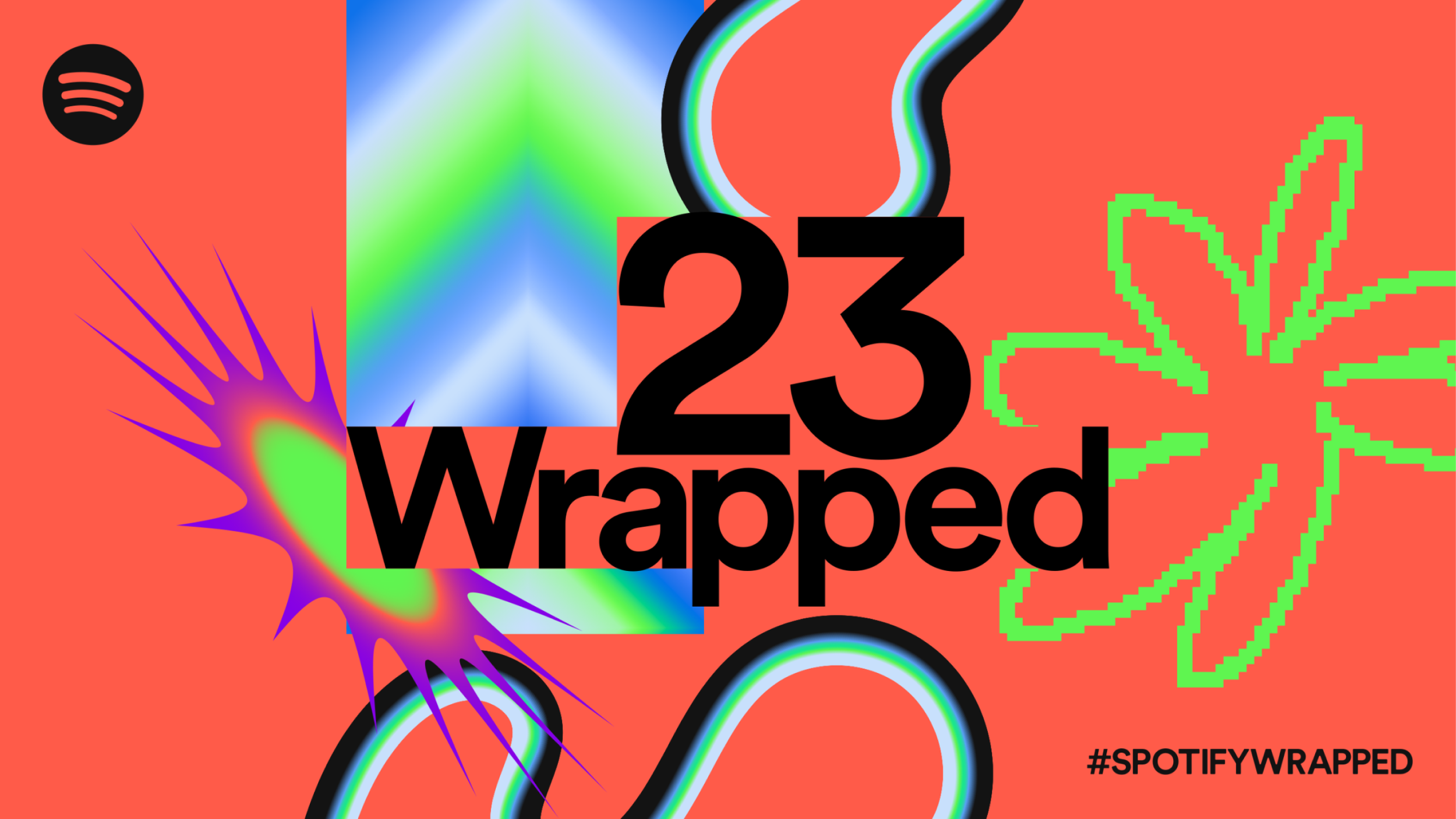 Digital collage with bright orange background featuring colorful abstract shapes, pixelated green and red plant-like design, black-spotted wavy lines, and a black Spotify logo in the top left corner. The large text '23 Wrapped' is centered across the image, with the hashtag '#SPOTIFYWRAPPED' in the bottom right corner.