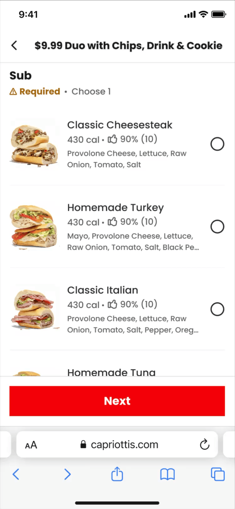 Screen display of a menu for a $9.99 duo with chips, drink, and cookie, featuring sandwich options: Classic Cheesesteak, Homemade Turkey, Classic Italian, with details and images of each sandwich.
