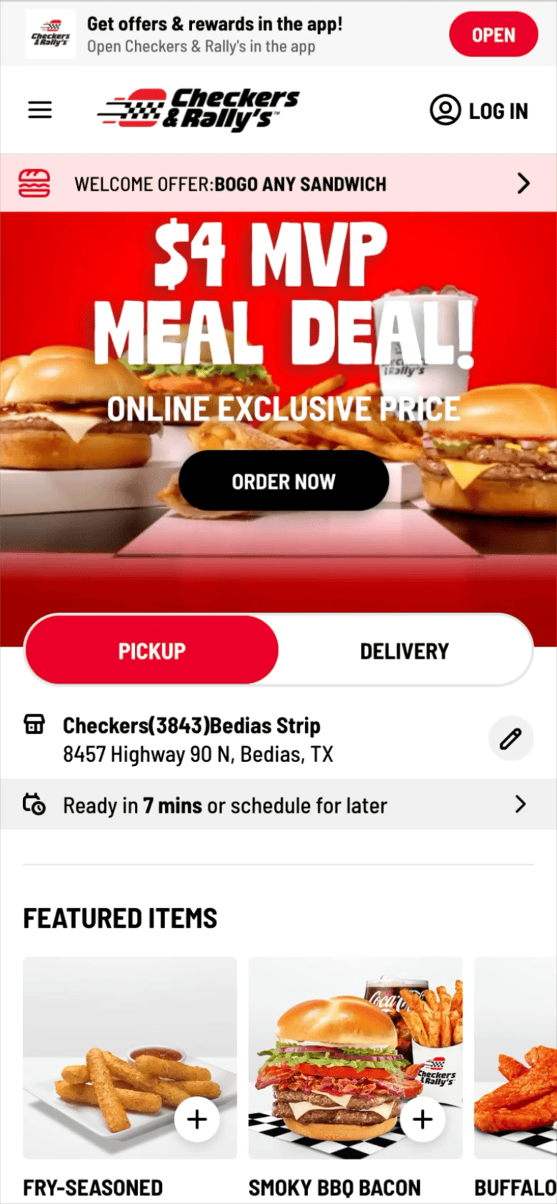 Mobile app screen for Checkers & Rally's showing a promotional banner for a $4 MVP Meal Deal, featuring images of burgers, fries, and a drink, with options for pickup or delivery at a restaurant location in Bedias, TX.