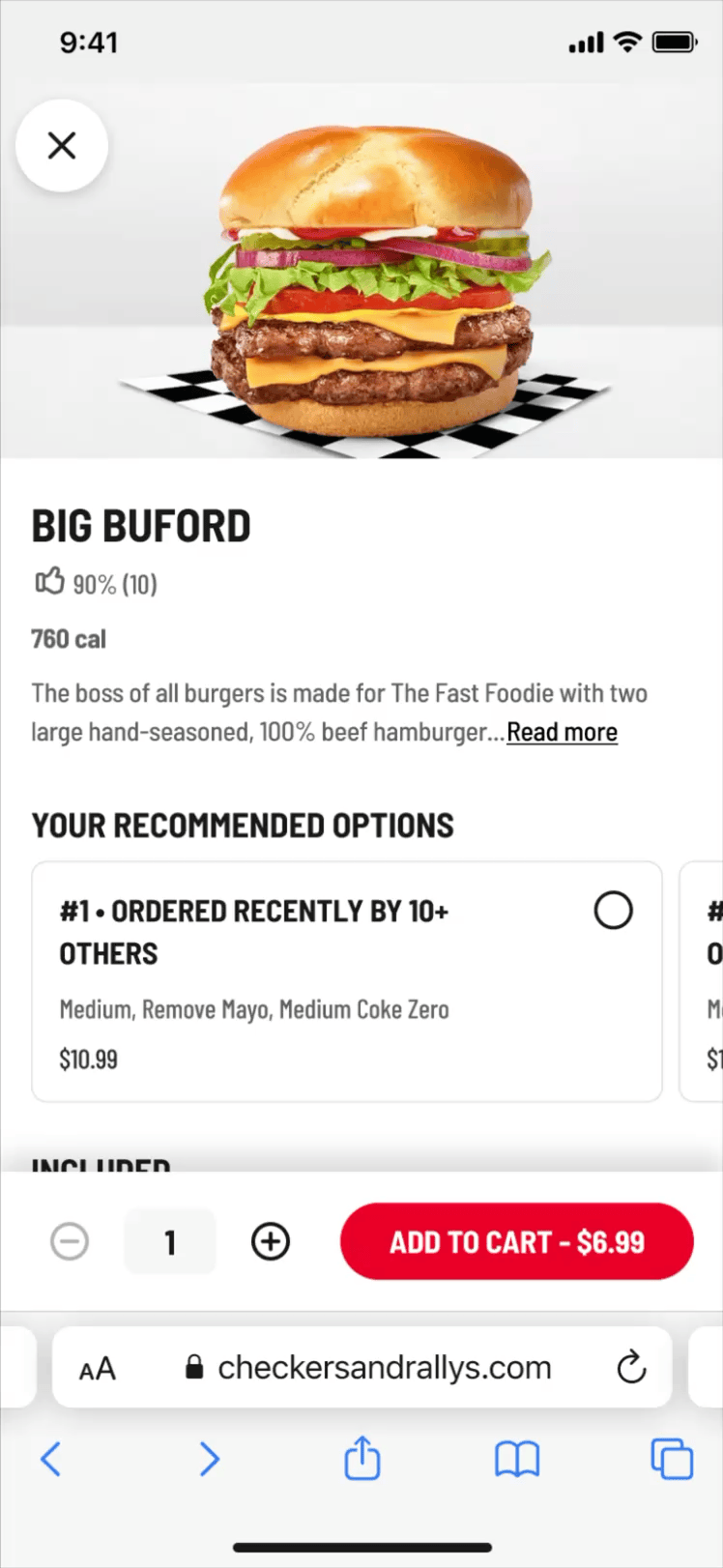 Image of a burger called Big Buford with lettuce, tomato, pickles, onions, cheese, two beef patties, and a bun, served on checkered paper.