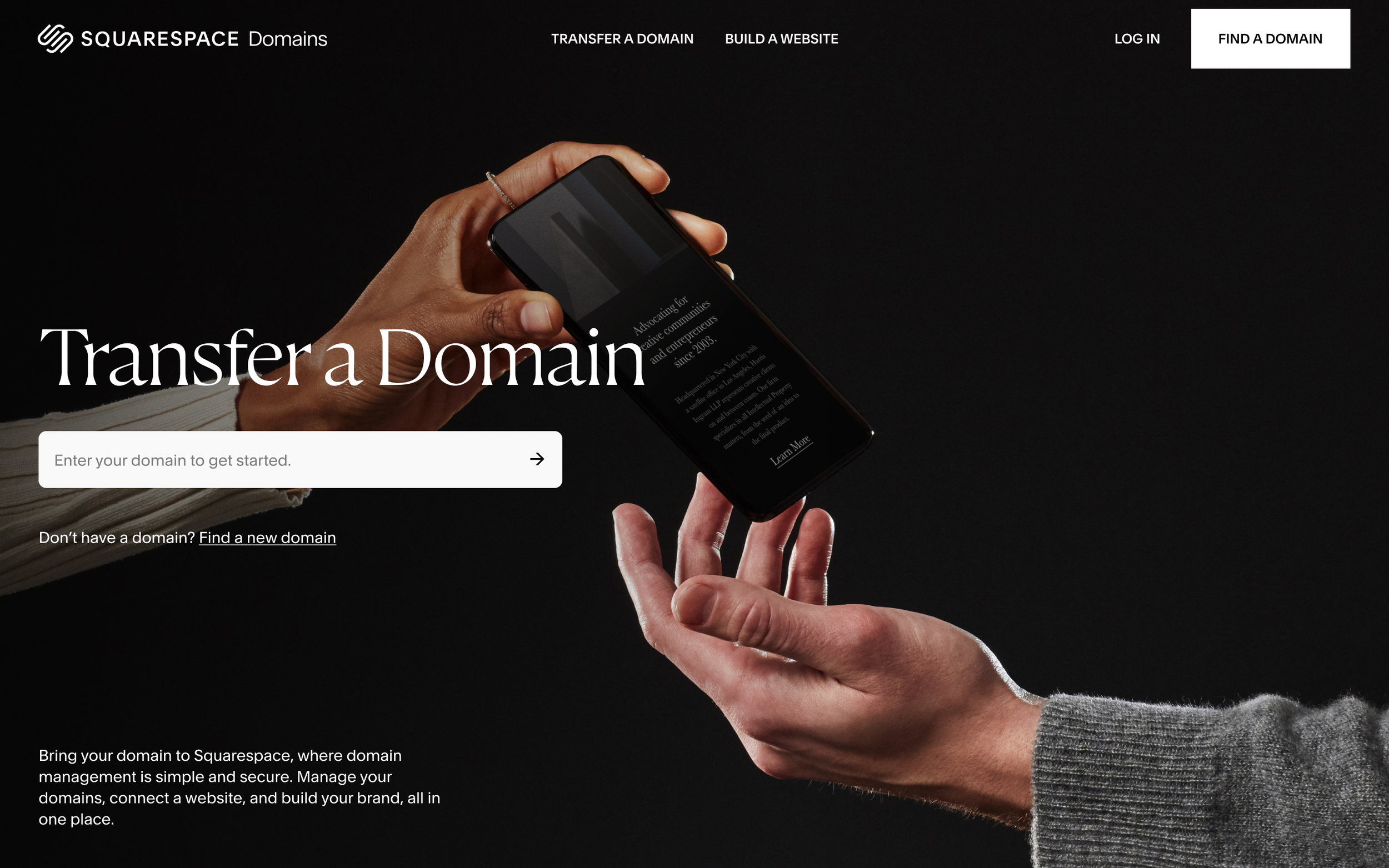 A person holding a smartphone over another hand with a dark background, promoting domain transfer services on the Squarespace website.