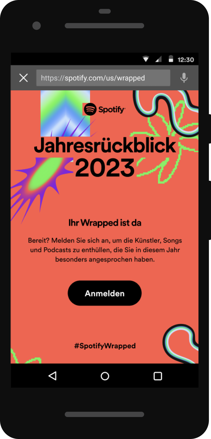 A mobile phone screen displaying Spotify's Year in Review 2023 page with graphics and the text in German for Spotify Wrapped, including a call to action to log in.