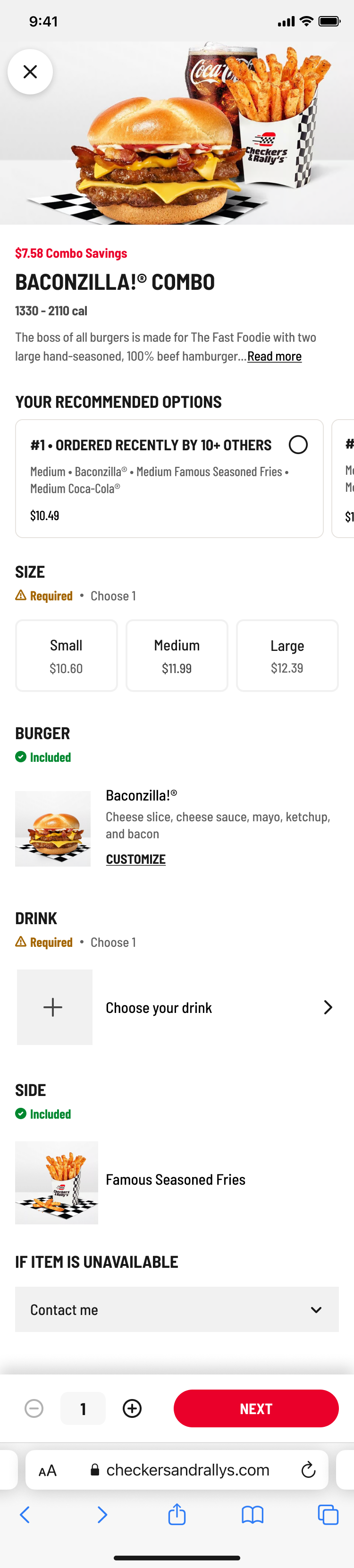 Burger with cheese, sauce, mayo, ketchup, and bacon, fries in a checkered cup, and a Coca-Cola drink.