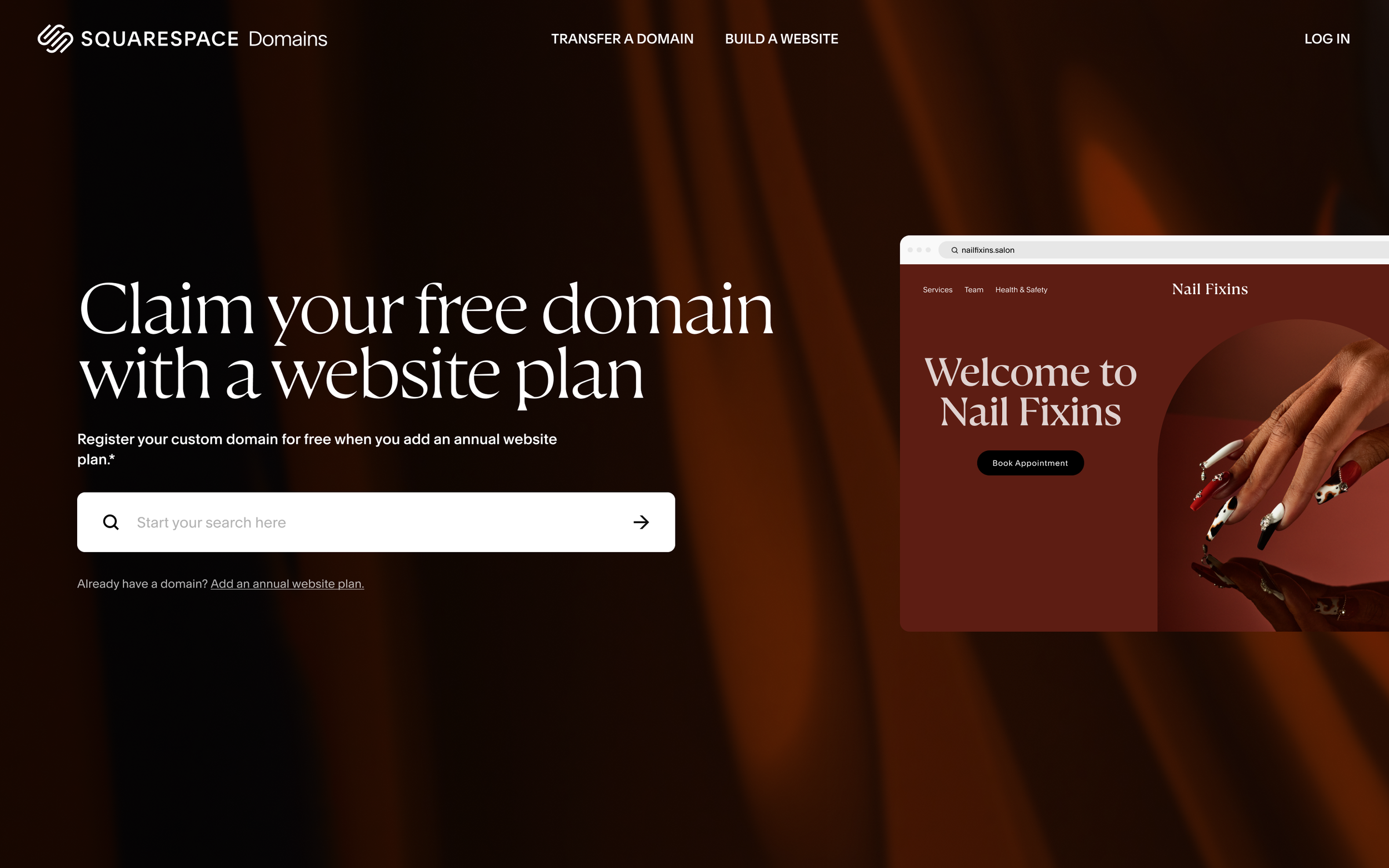 Screenshot of the Squarespace website homepage showing options to claim a free domain and build a website, with a section promoting Nail Fixins nail salon.