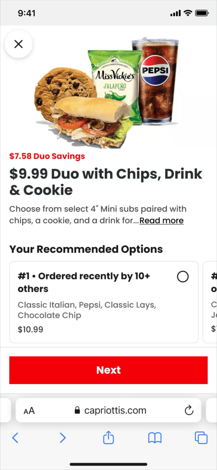 A promotional photo of a sandwich with turkey, lettuce, tomato, and cheese, a chocolate chip cookie, a bag of Miss Vickie's Jalapeno potato chips, and a glass of Pepsi.