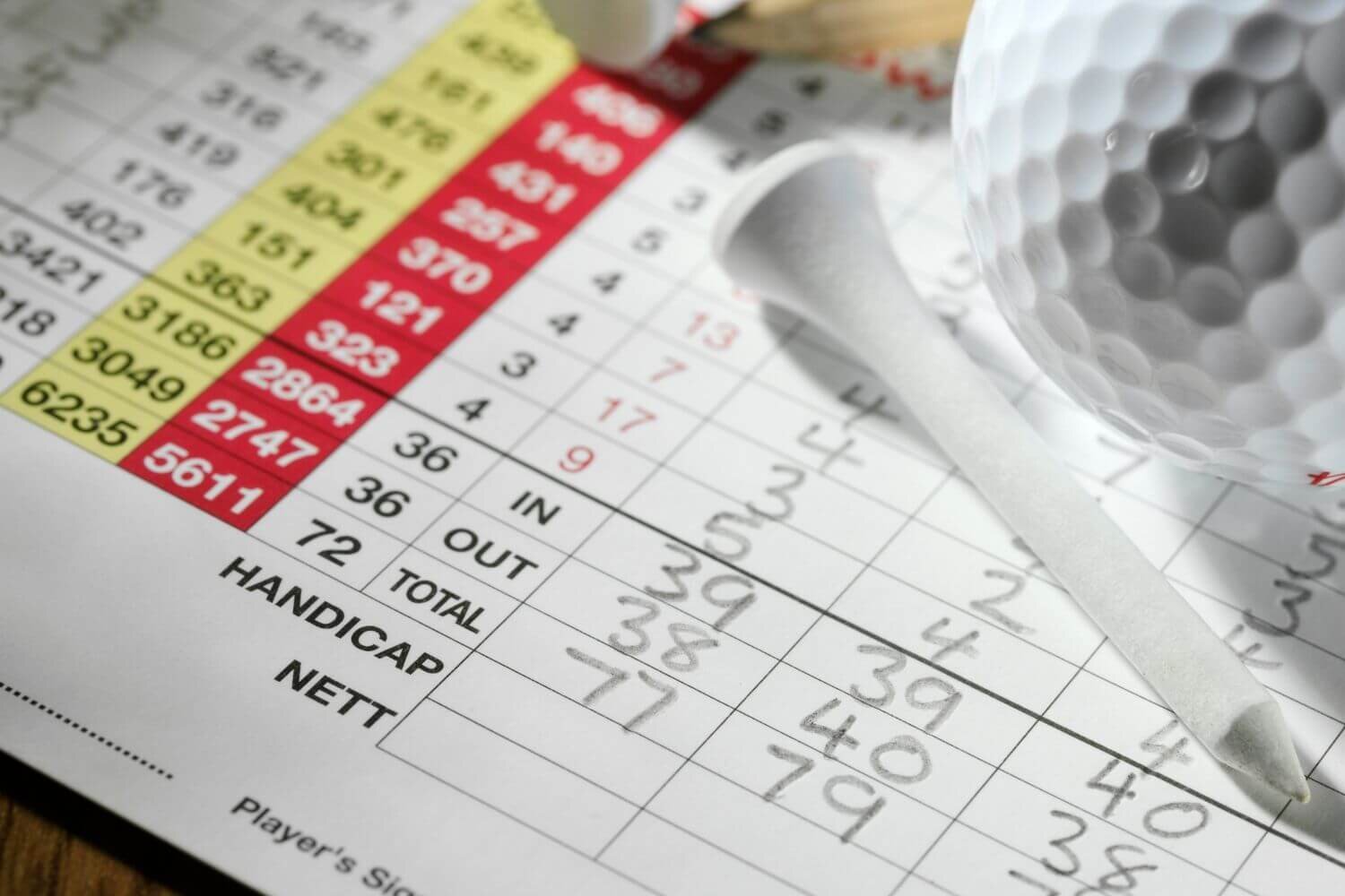 Golf score card with tee and ball on top