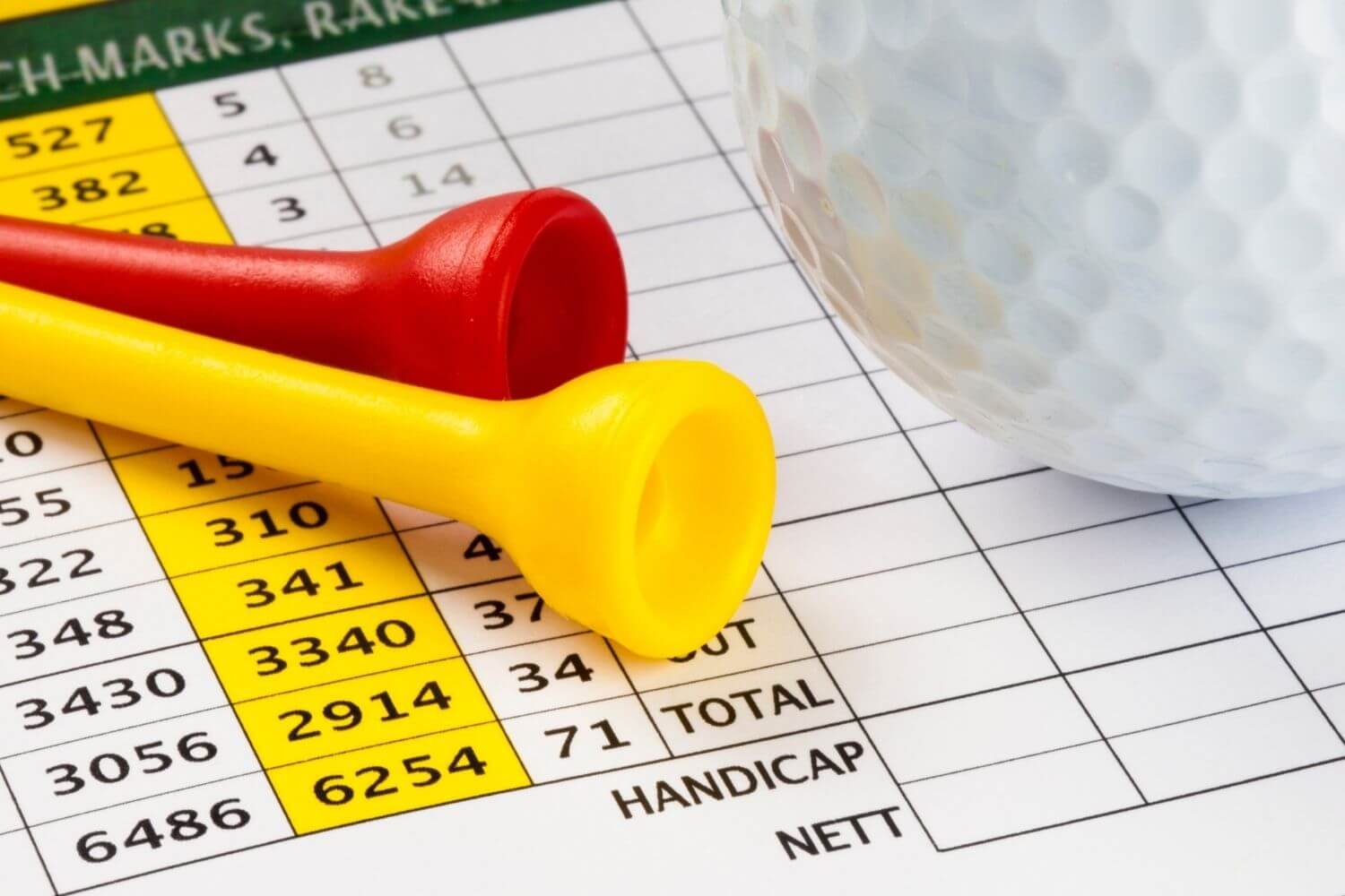 golf scorecard with tees and ball