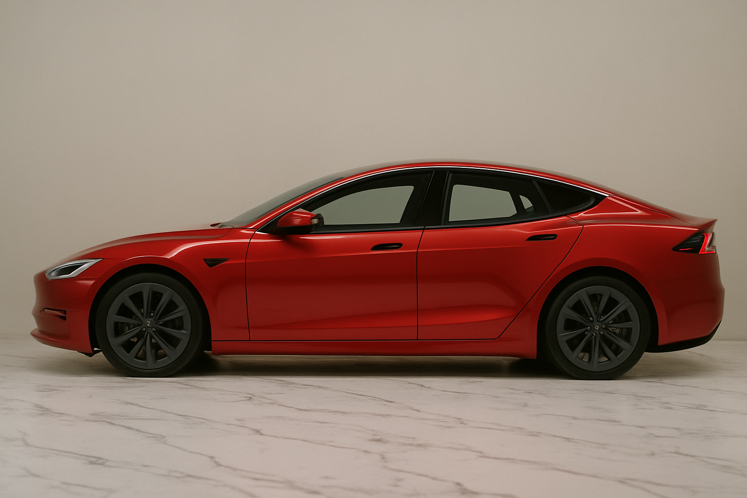 Side view of a red Tesla Model S electric sedan parked indoors on a marble floor against a plain beige background.