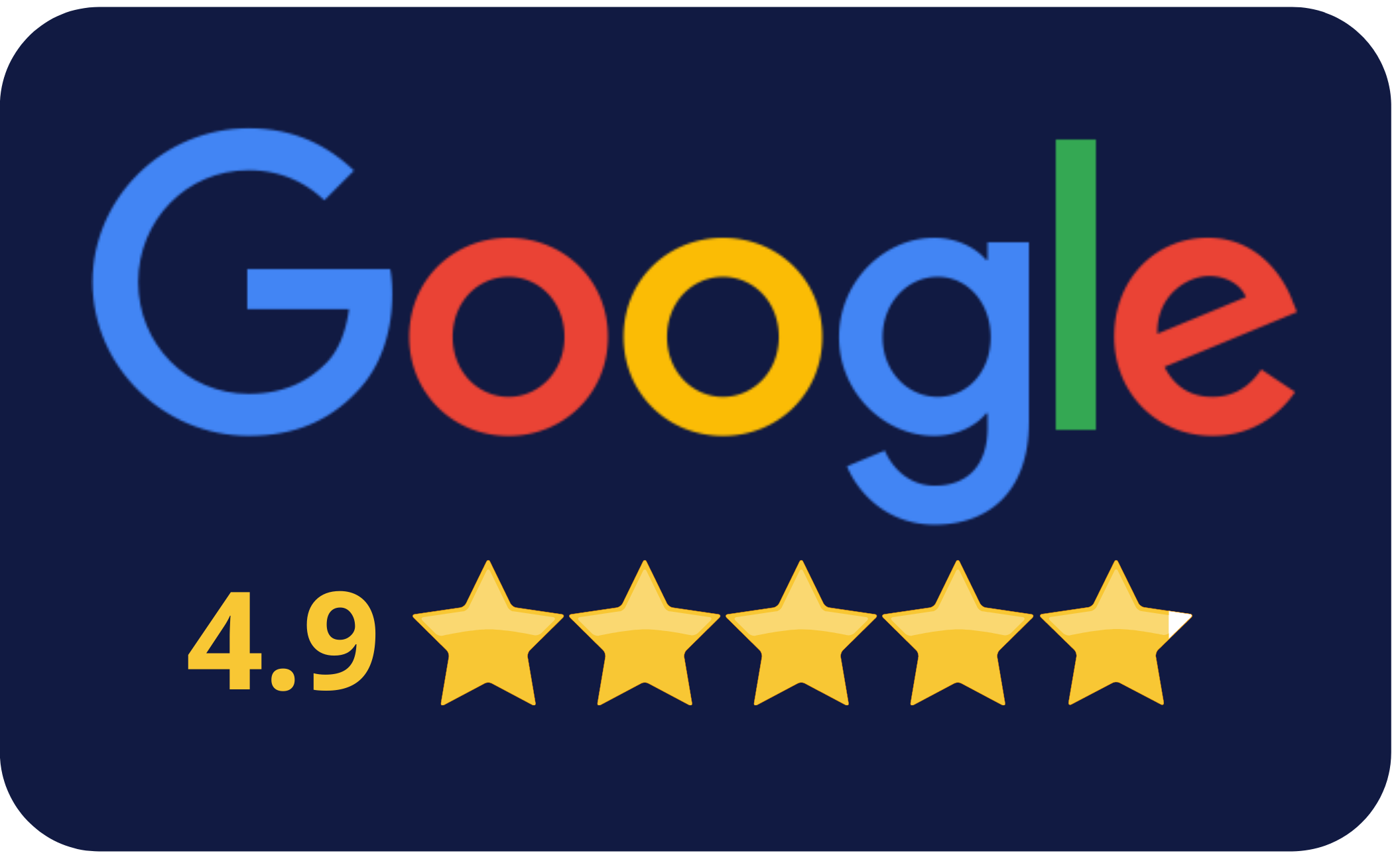 Google logo with a 4.9 star rating out of five, represented by five gold stars, on a dark background.