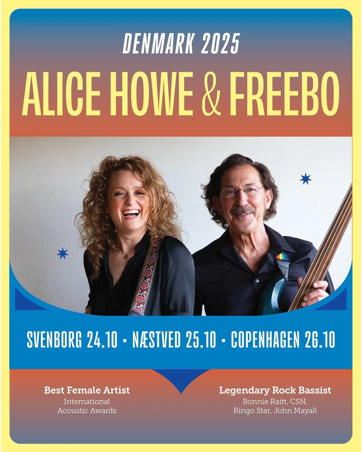 Denmark, we are SO excited to be back for the first time since 2018! Three shows this weekend:

Friday 24 Oct Svenborg

Saturday 25 Oct N&aelig;stved

Sunday 26 October Copenhagen

Details on my website 🇩🇰 

@freebomusic