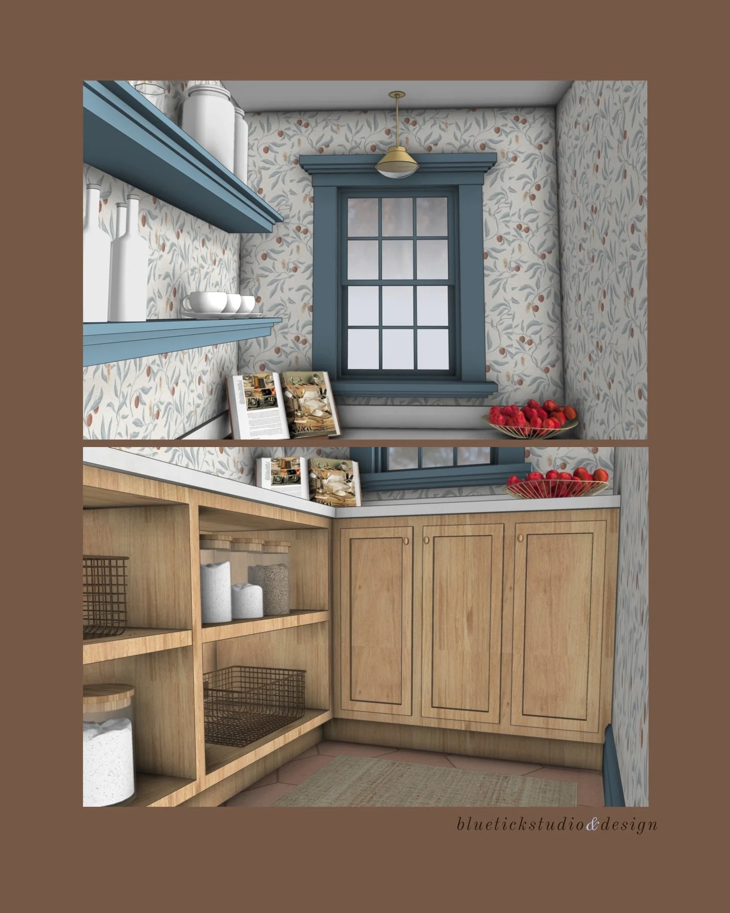 Soft patterns, warm woods, a pop of terracotta, and a pop of blue to round it off 💙🪵💐

 #bluetickstudiodesign #sketchup #sketchup3d #pantrydesign #niagaradesign